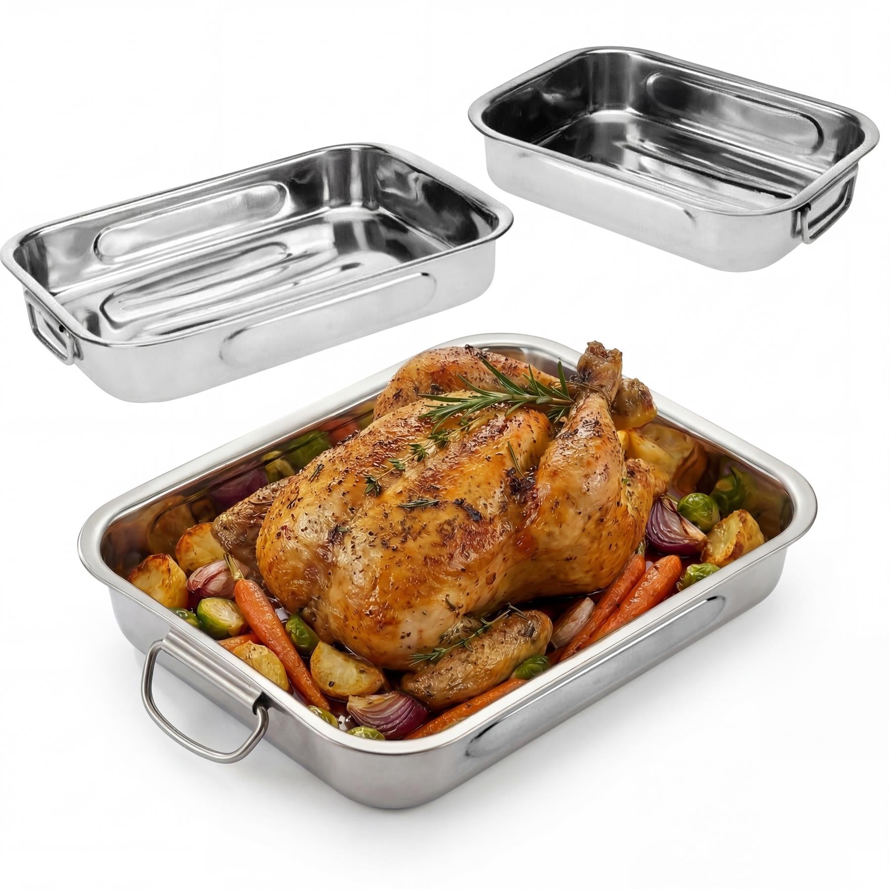 Set of three stainless steel trays, one filled with roasted chicken and mixed root vegetables.