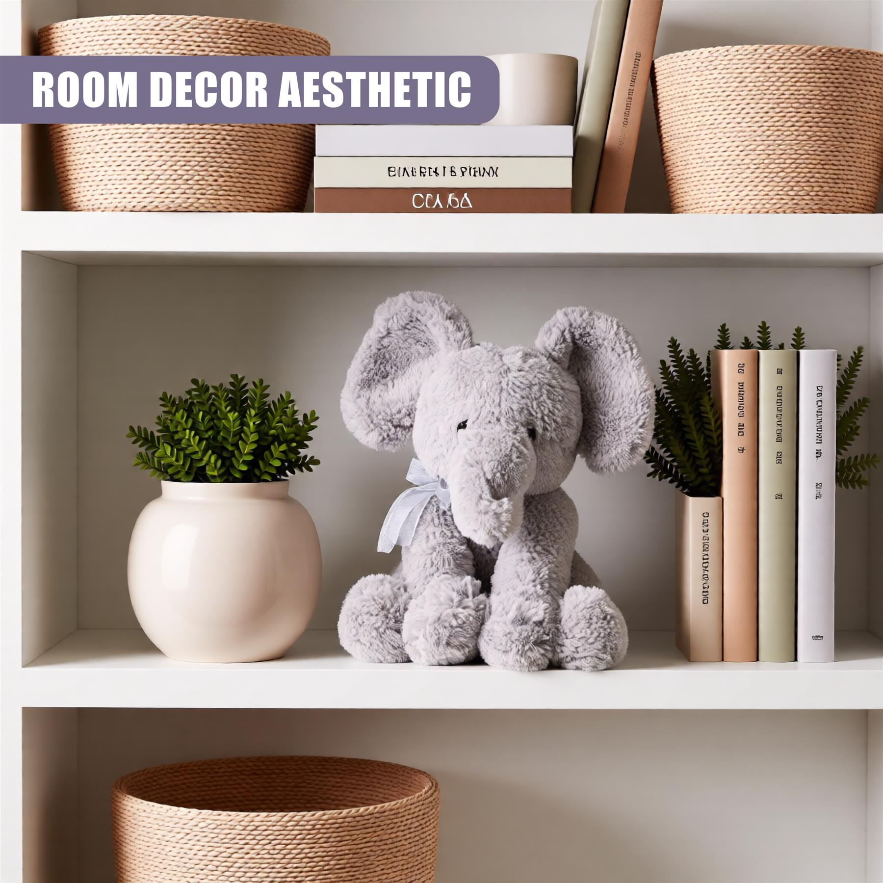 A white shelf with three levels of storage, featuring a plush elephant, a potted plant, and a set of books, with wicker baskets and a few books in the background. - The Magic Toy Shop