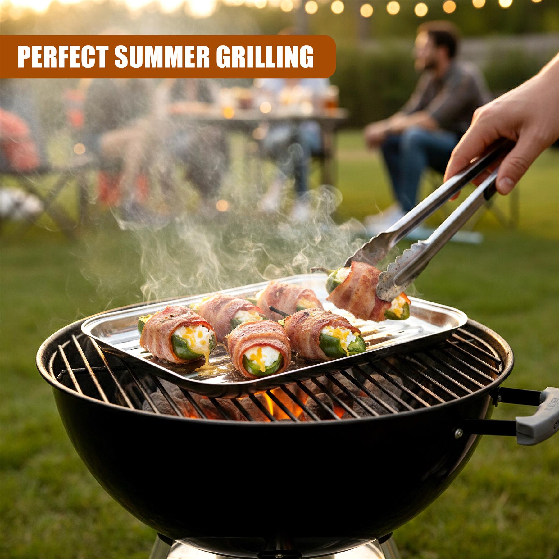 Grilled food rolls and sausages rest on a metal tray placed on a black grill grate.