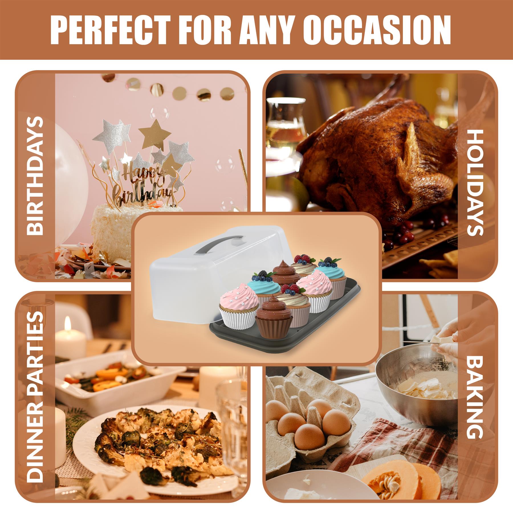 Rectangular white cake carrier featuring a handle, lid, and decorative pastries for display.