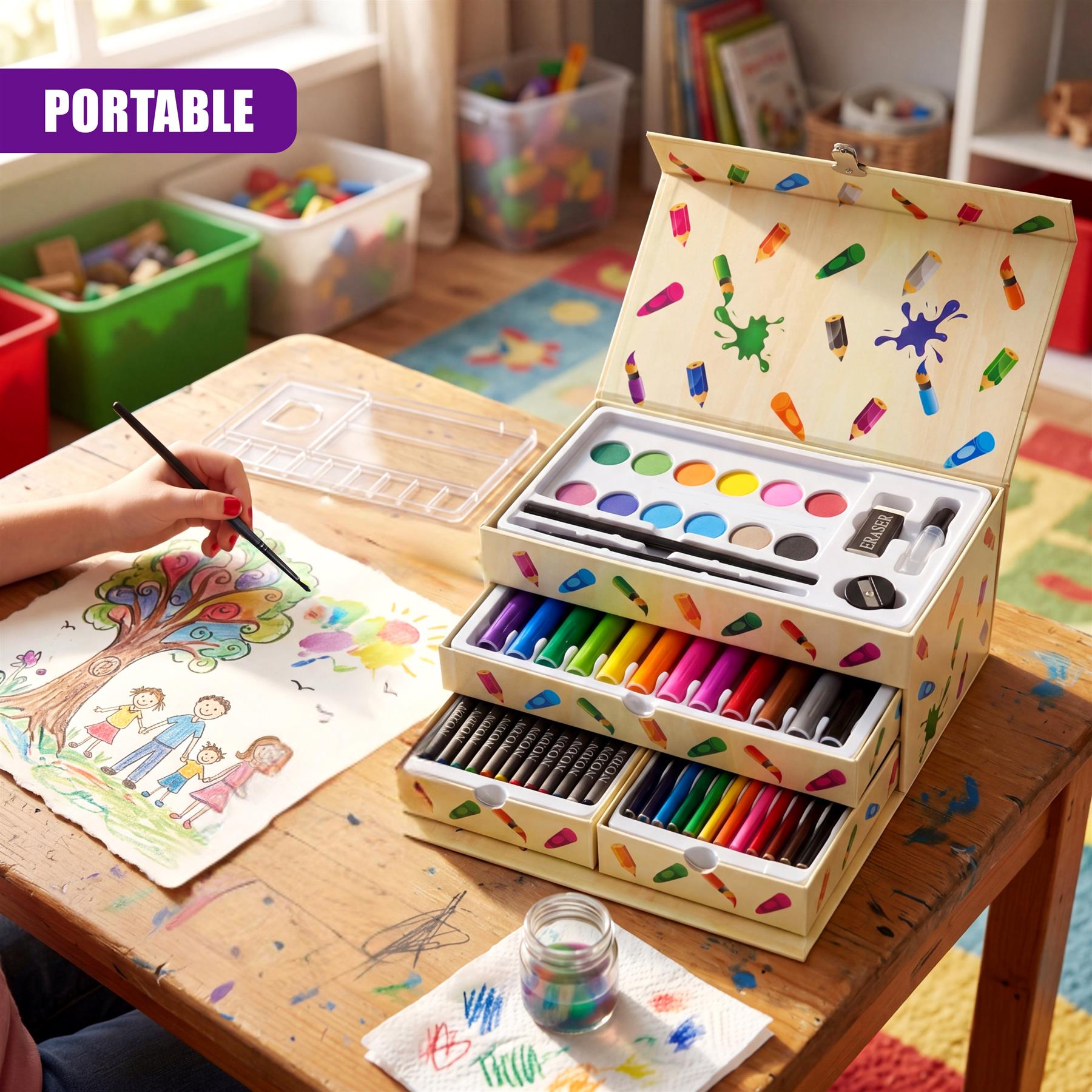 An open wooden art set containing markers, crayons, pencils, paint palette, and brushes.