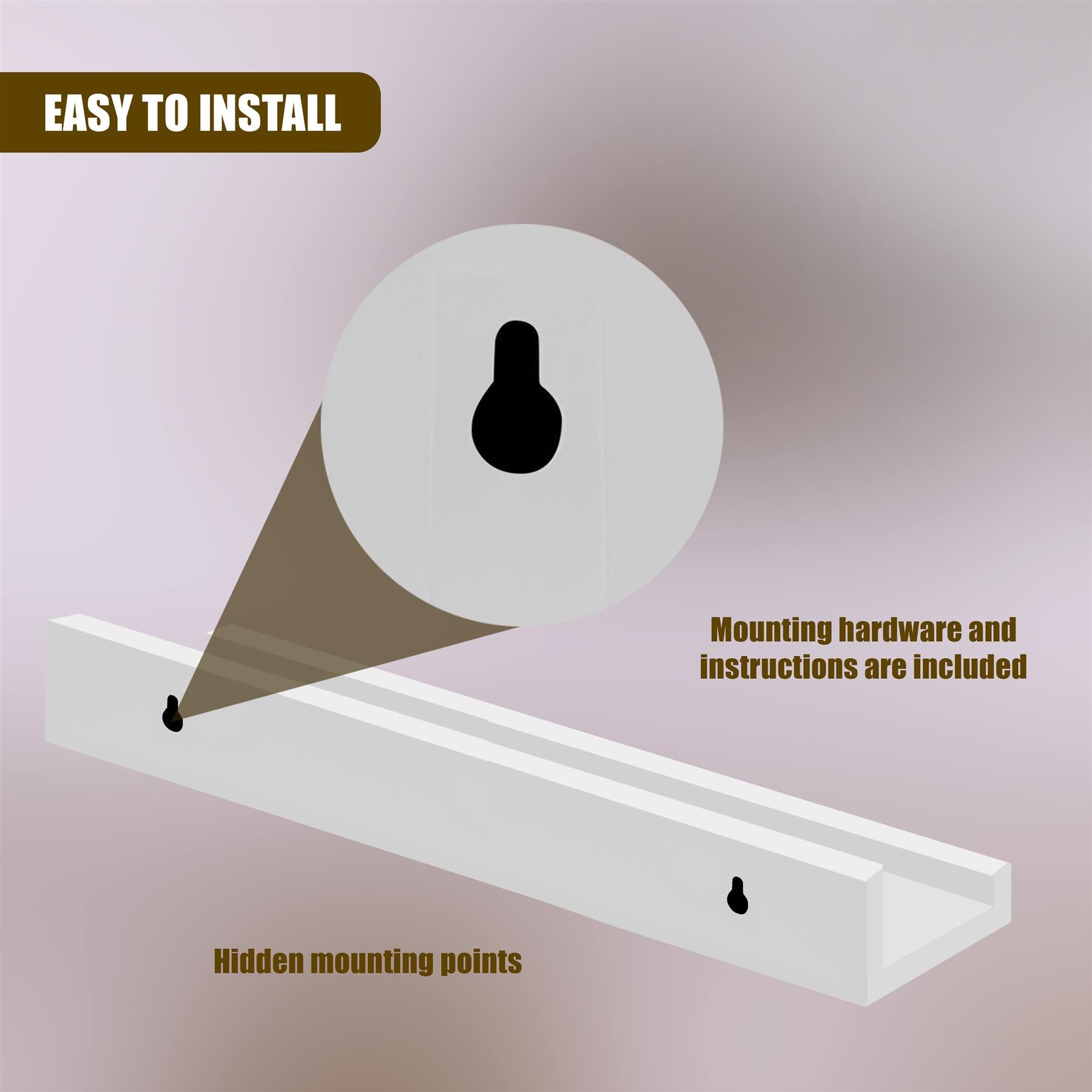 A white, wall-mounted, floating shelf with a minimalist design. It features a hidden mounting system with invisible screws, making it blend with the wall. The shelf has a flat, smooth surface and a narrow, clean design. It is made of durable, high-quality materials, making it suitable for storing and displaying small, lightweight items. The shelf is easy to install and can be mounted at various heights, making it a versatile and practical addition to any room. - The Magic Toy Shop
