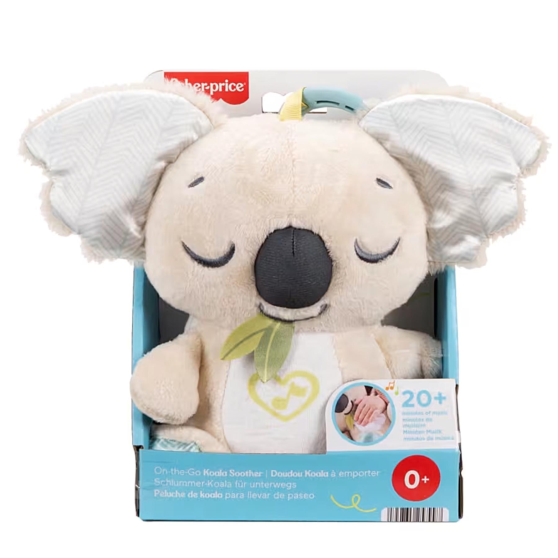 Stuffed plush koala toy with floppy ears inside a branded blue and white retail box.