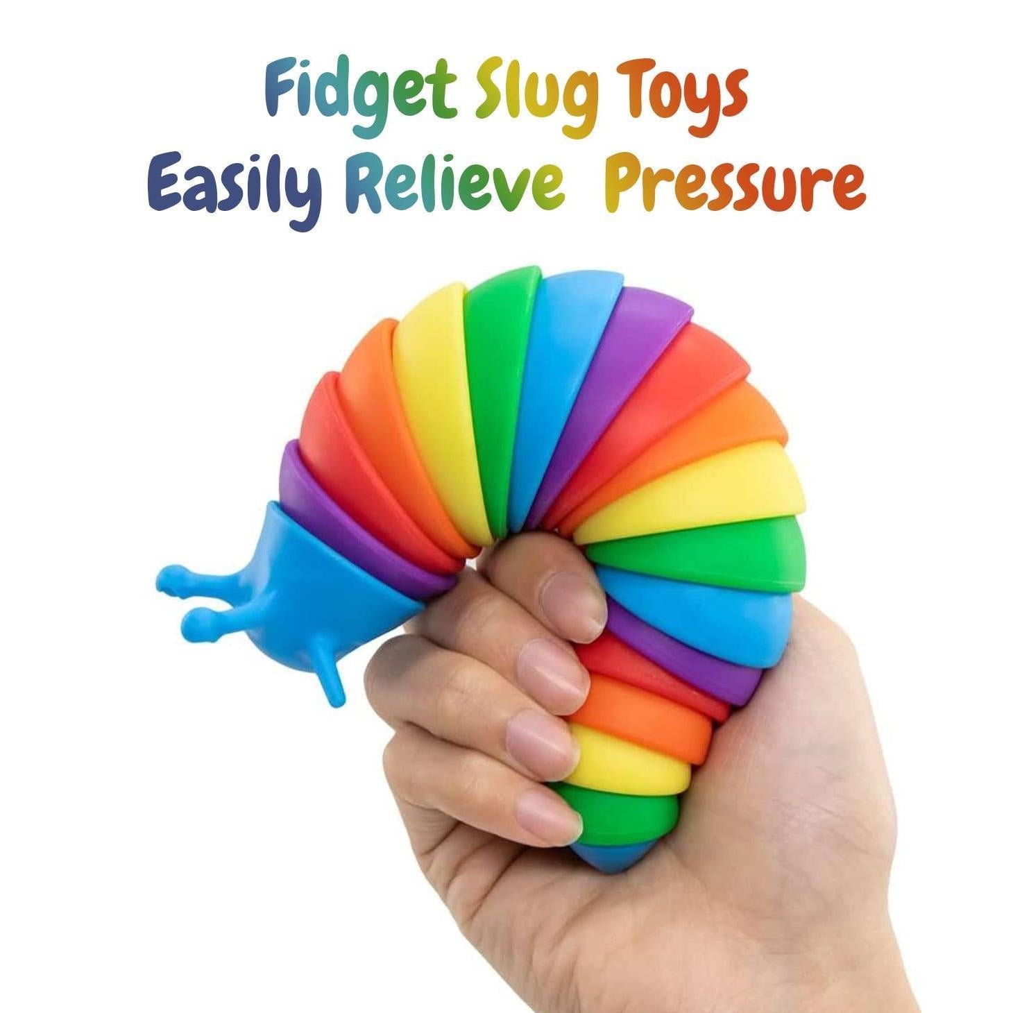 Hand grasping a bright, multicolored, coiled sensory toy with many segments.