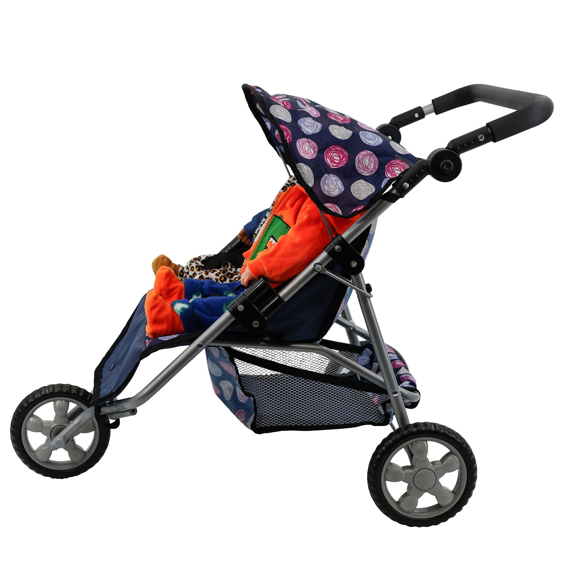 Blue and black three-wheeled doll stroller with a patterned canopy and basket.