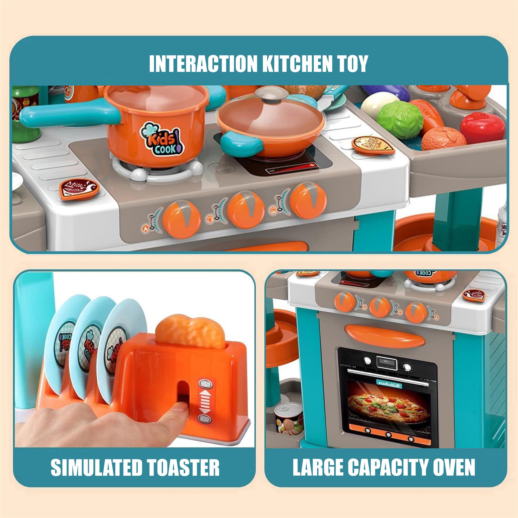 A play kitchen features a stovetop, storage pots, a simulated toaster, and a blue baking oven unit.