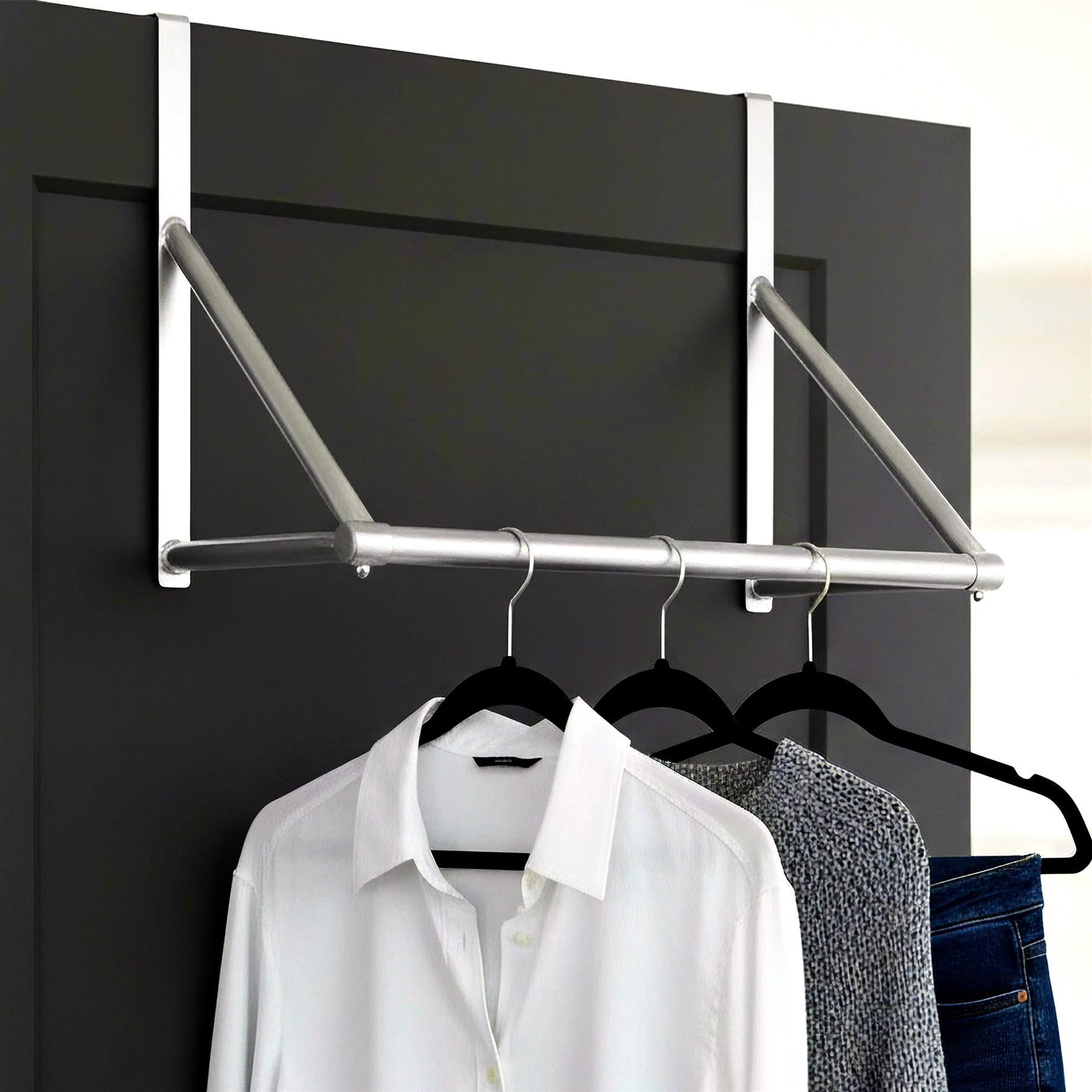 A wall-mounted, adjustable garment hanger with a silver frame, featuring a sturdy design and multiple hanging points for storing and organizing clothing. - The Magic Toy Shop