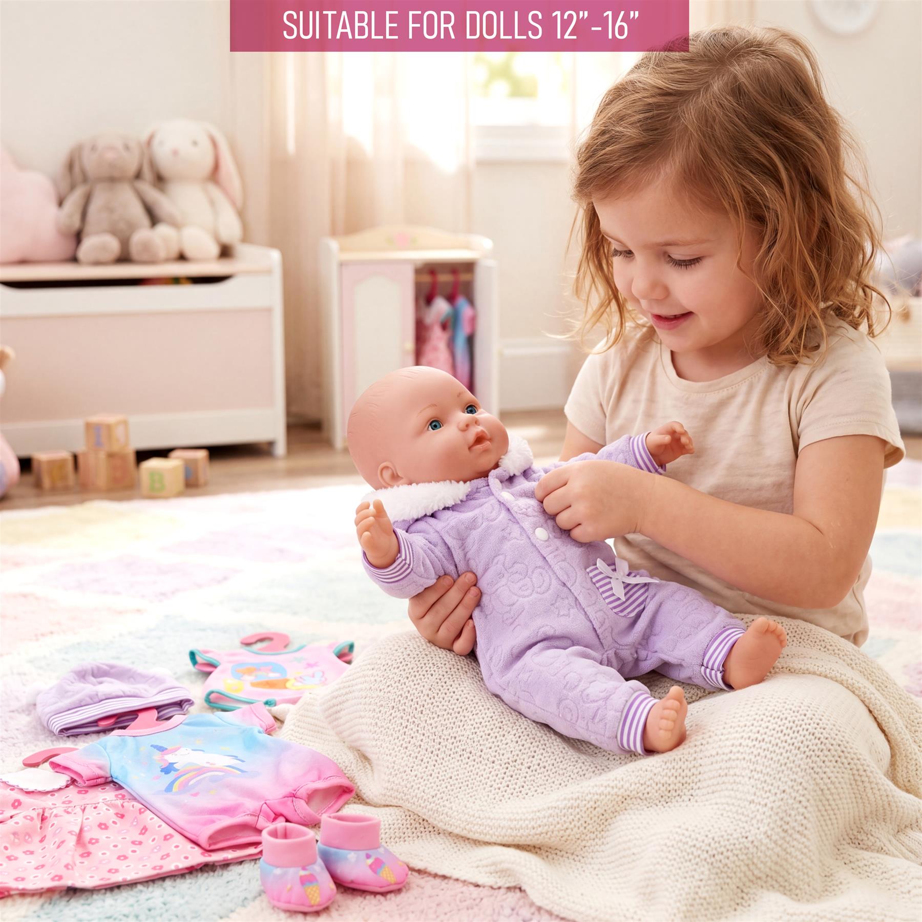 Girl dresses a doll in purple clothing surrounded by various sets of pink and patterned doll outfits.