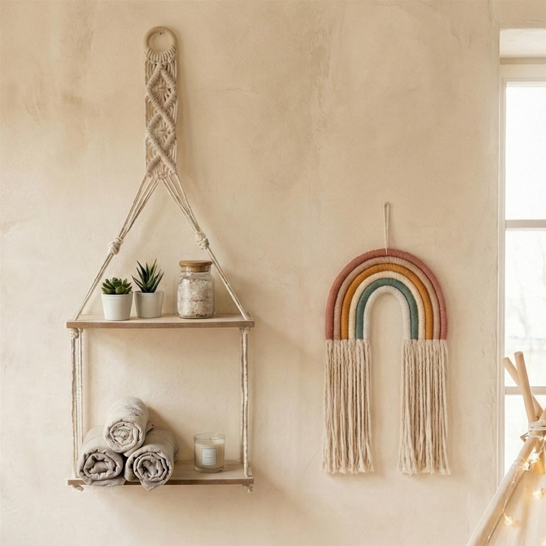 A macrame wall hanging with a rainbow design, featuring a variety of colors and textures. The hanging is made of multiple layers of macrame, creating a 3D effect. It is hung from a chain and has a small metal ring at the top. The design is intended to be hung on a wall and has a modern, bohemian look. - The Magic Toy Shop