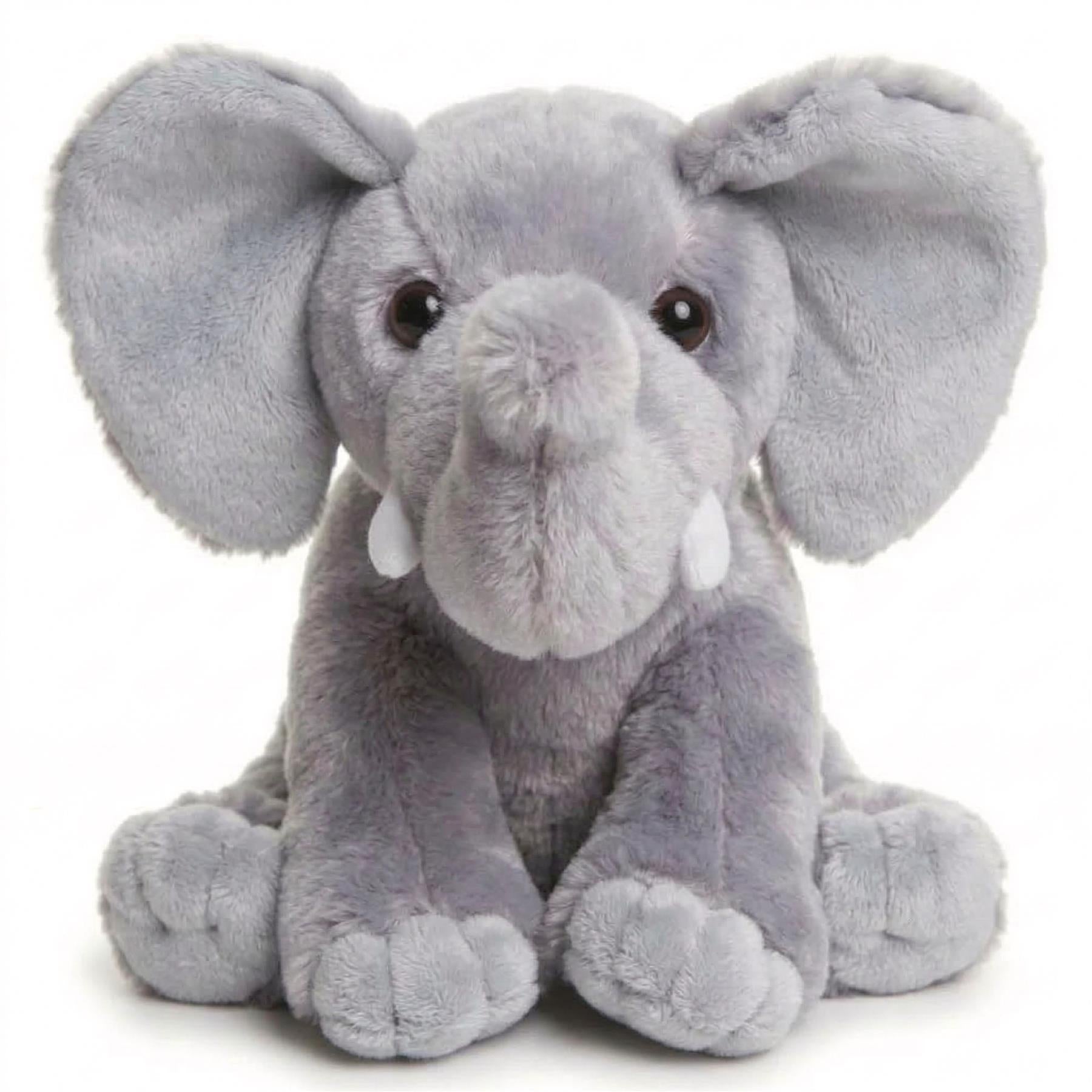 Soft gray stuffed animal plush toy of a seated elephant with large ears and prominent tusks.