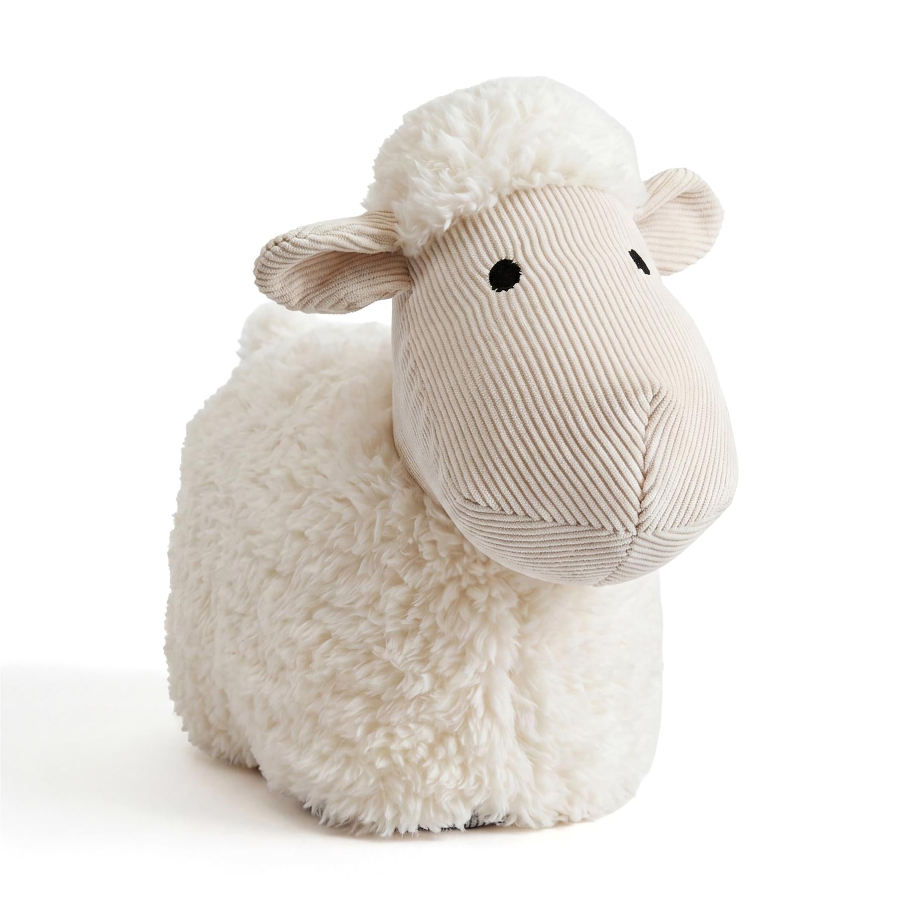 Fluffy sheep novelty door stopper featuring cream body and striped snout.