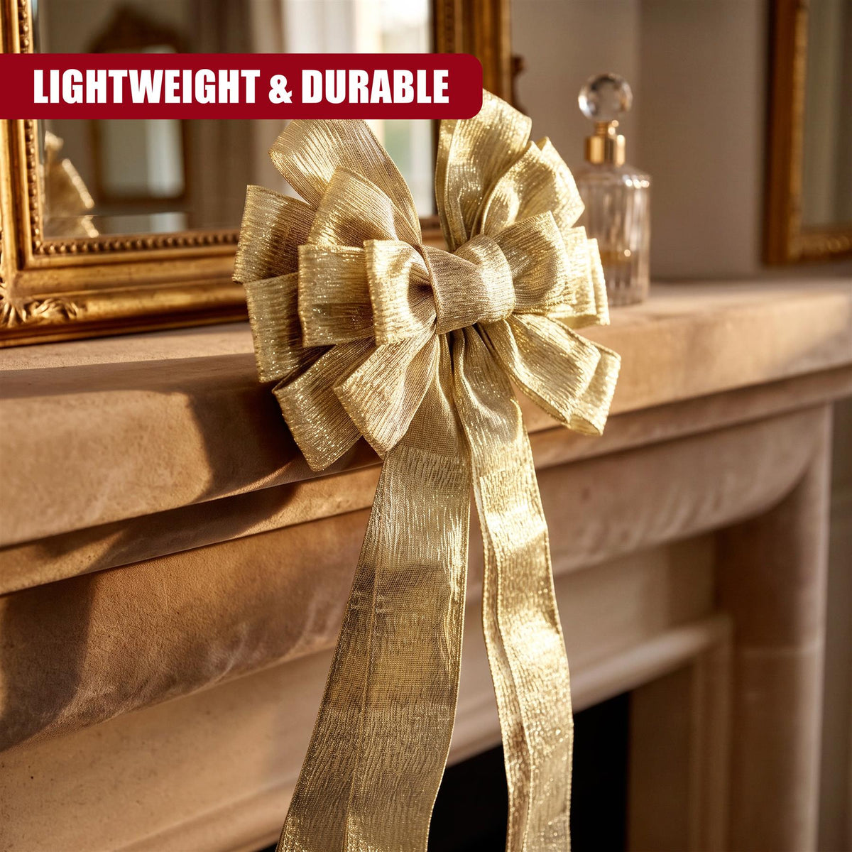 A large gold bow sits on a mantelpiece, alongside a mirror and decorative bottle, showcasing its durable design