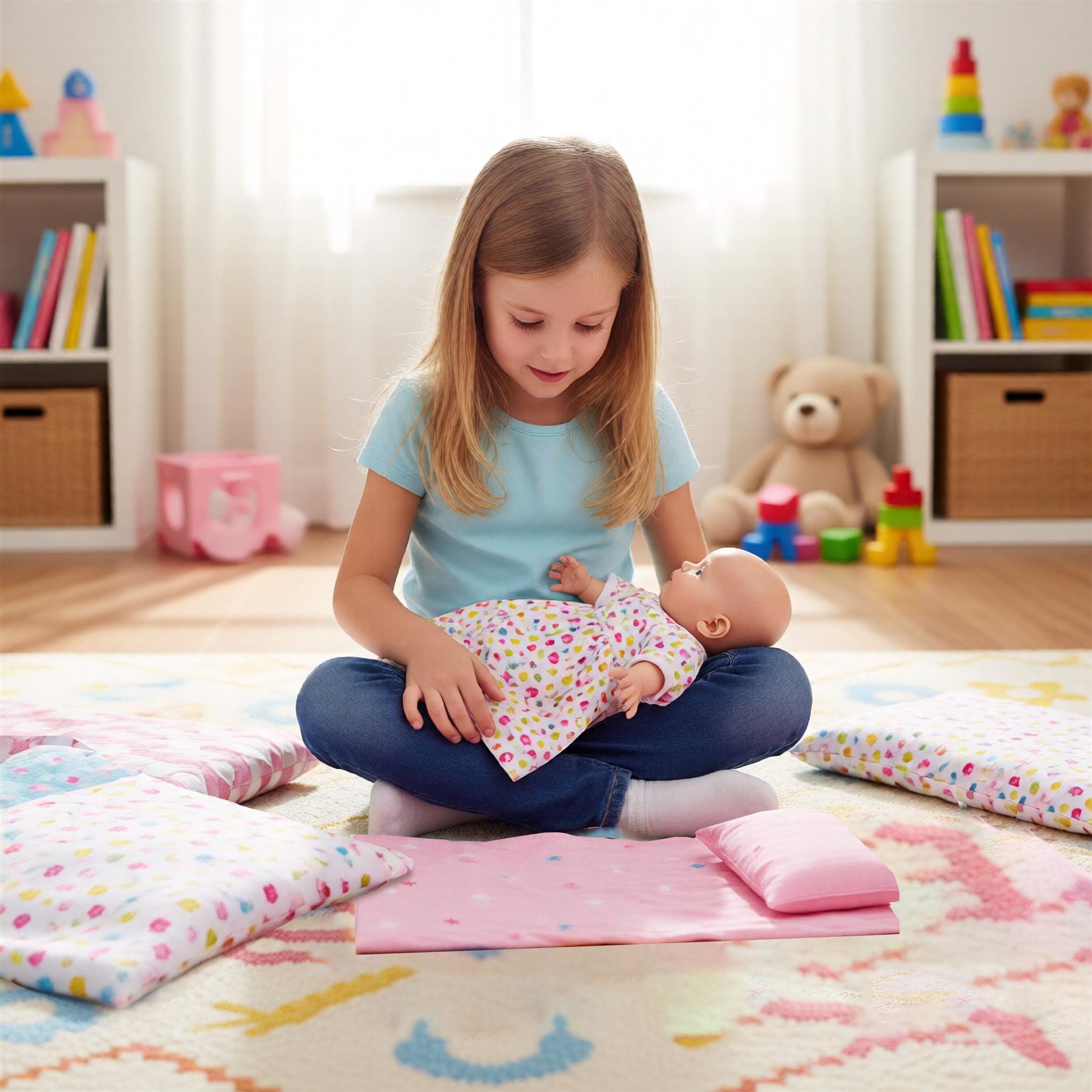 A young girl sits on a rug, surrounded by colorful pillows and play mats. She cradles a baby doll, dressed in a white onesie with colorful dots. The room is filled with toys, books, and a large teddy bear, creating a cozy and playful environment. - The Magic Toy Shop