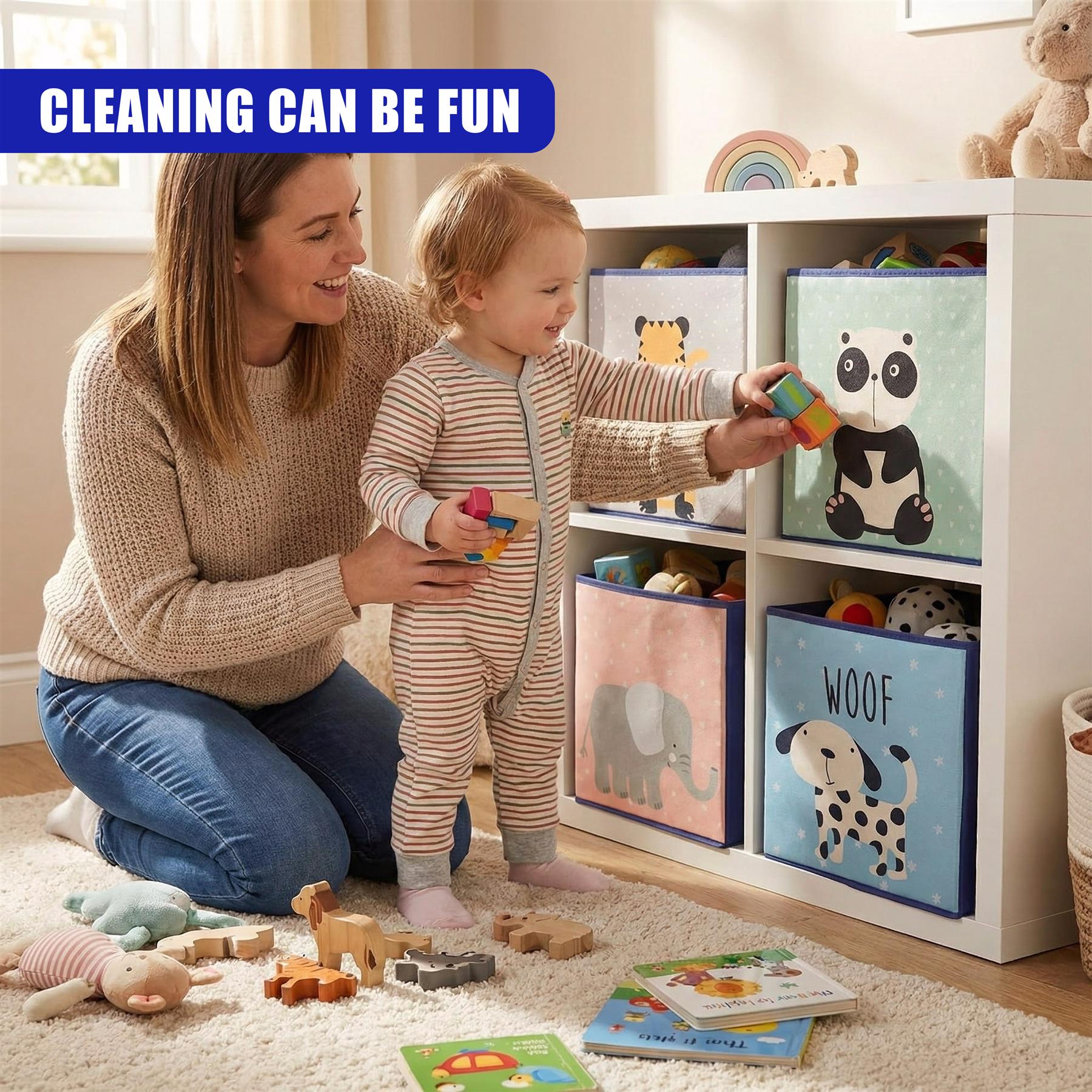 Set of 4 animal design storage boxes with colorful illustrations of a dog, cat, elephant, and panda bear. Each box has handles and compartments inside for organizing toys or other small items. Perfect for a child's room or play area to keep things tidy and easy to access. - The Magic Toy Shop