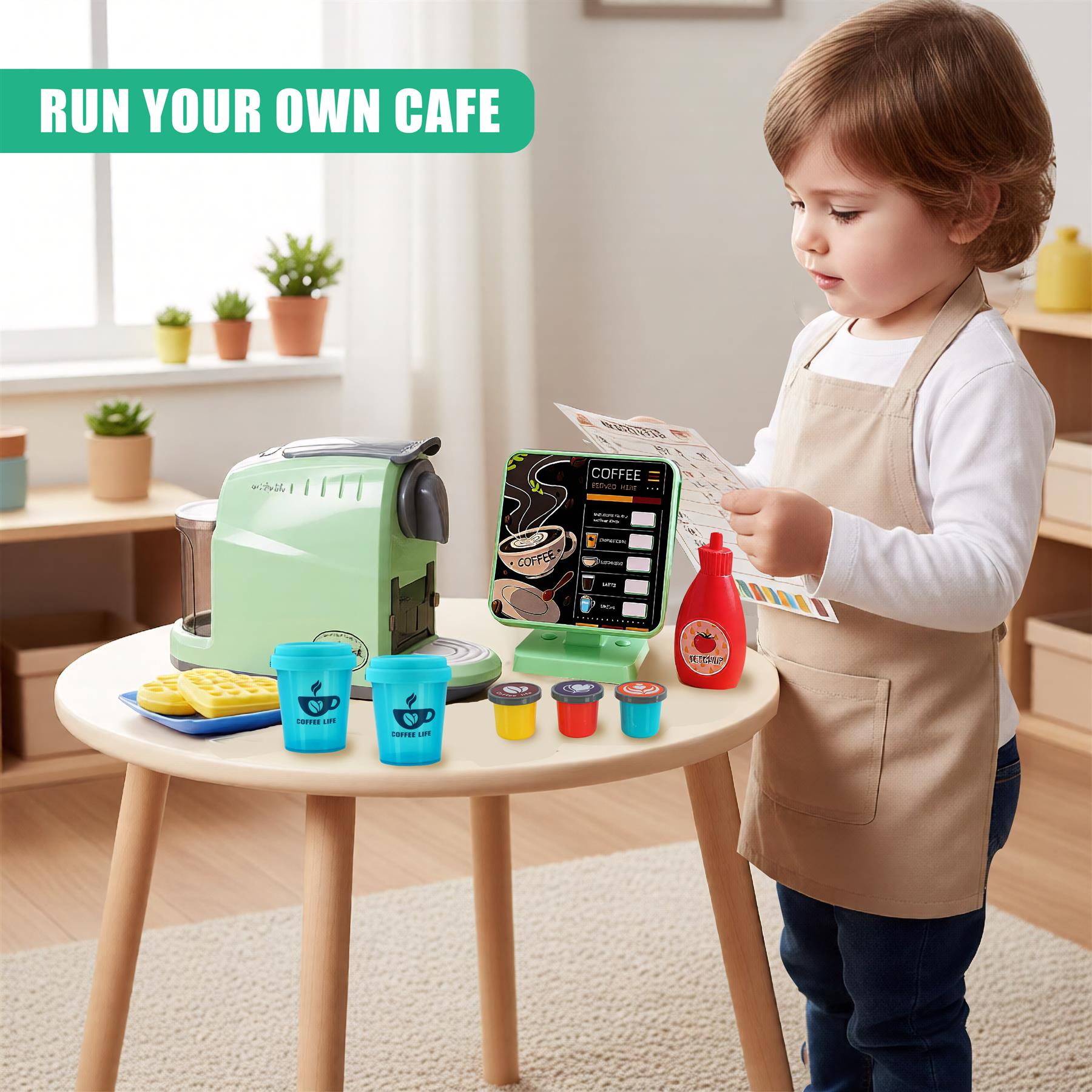 A young child plays with a toy coffee shop, complete with a mini coffee machine, coffee cups, and play food. The child is wearing an apron and a name tag, adding to the play experience. The playset is designed to encourage imaginative play and role-playing, allowing children to create their own stories and experiences. - The Magic Toy Shop
