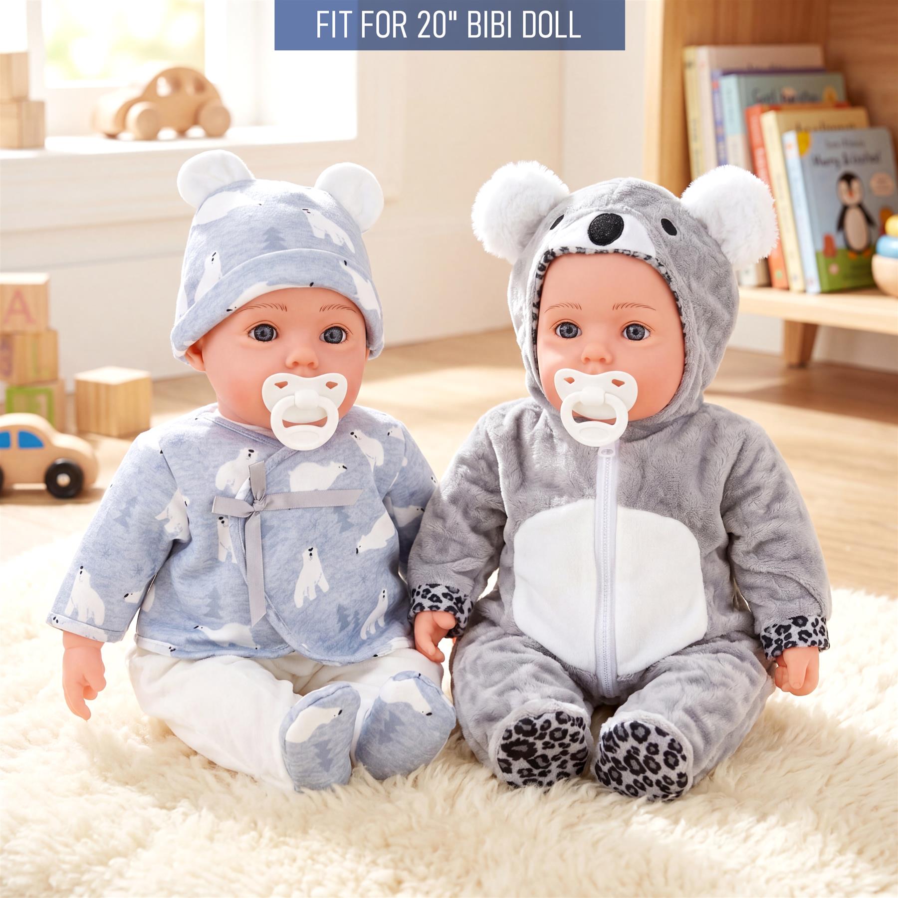 Set of two doll outfits: one blue polar bear and one gray animal pattern.