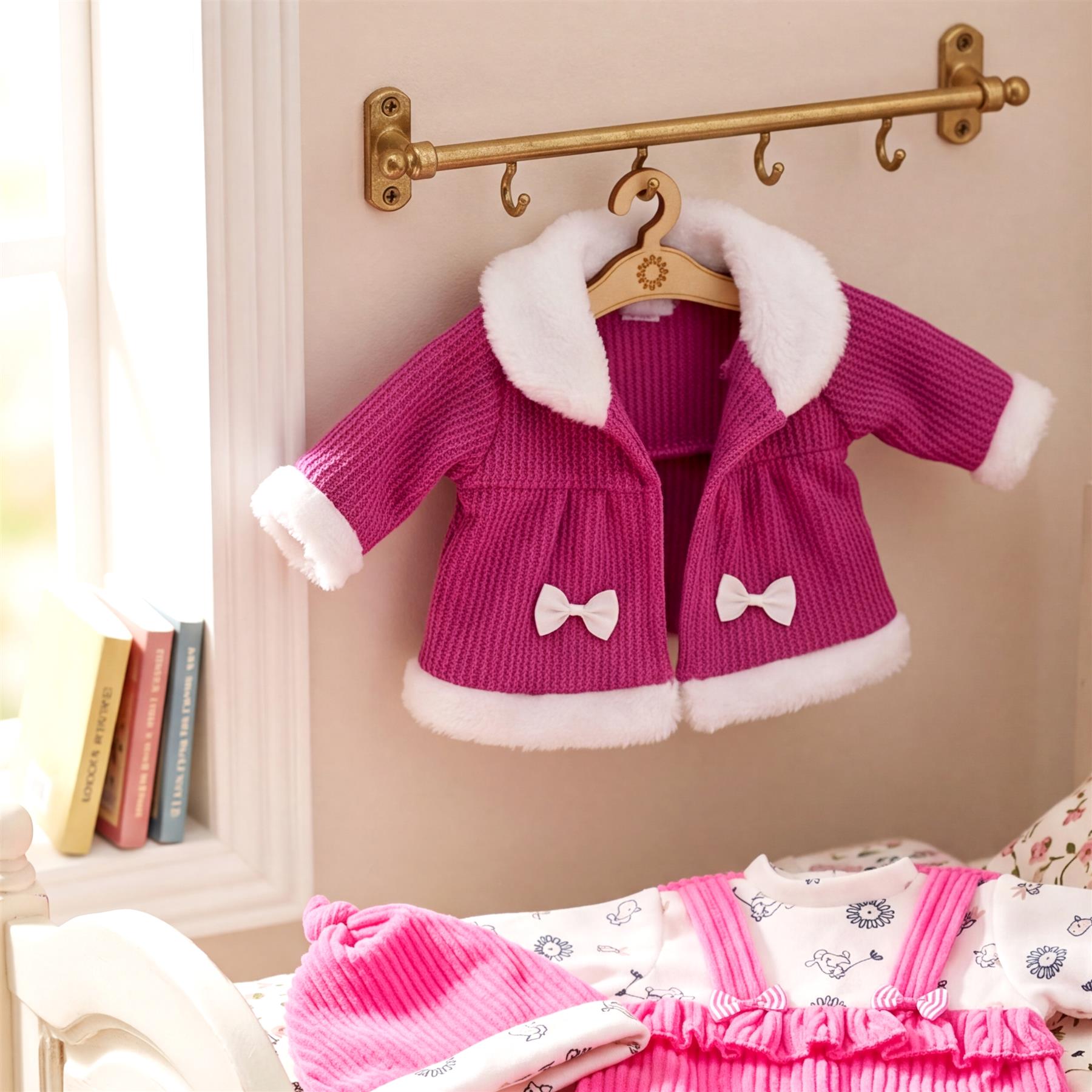 Two doll jackets, one purple and one pink, hang with fuzzy white collars and matching cuffs.