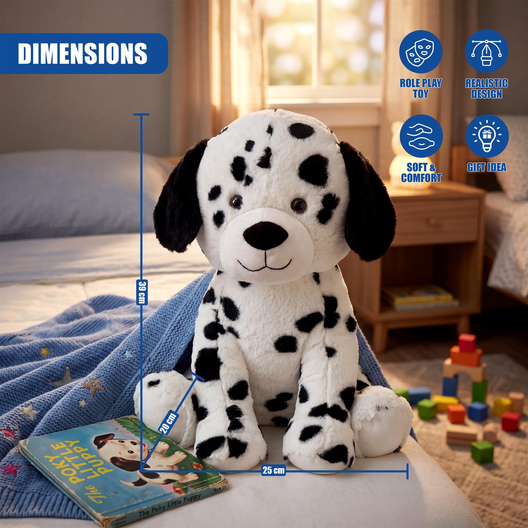 Stuffed Dalmatian toy shown in context with dimension labels indicating its size.