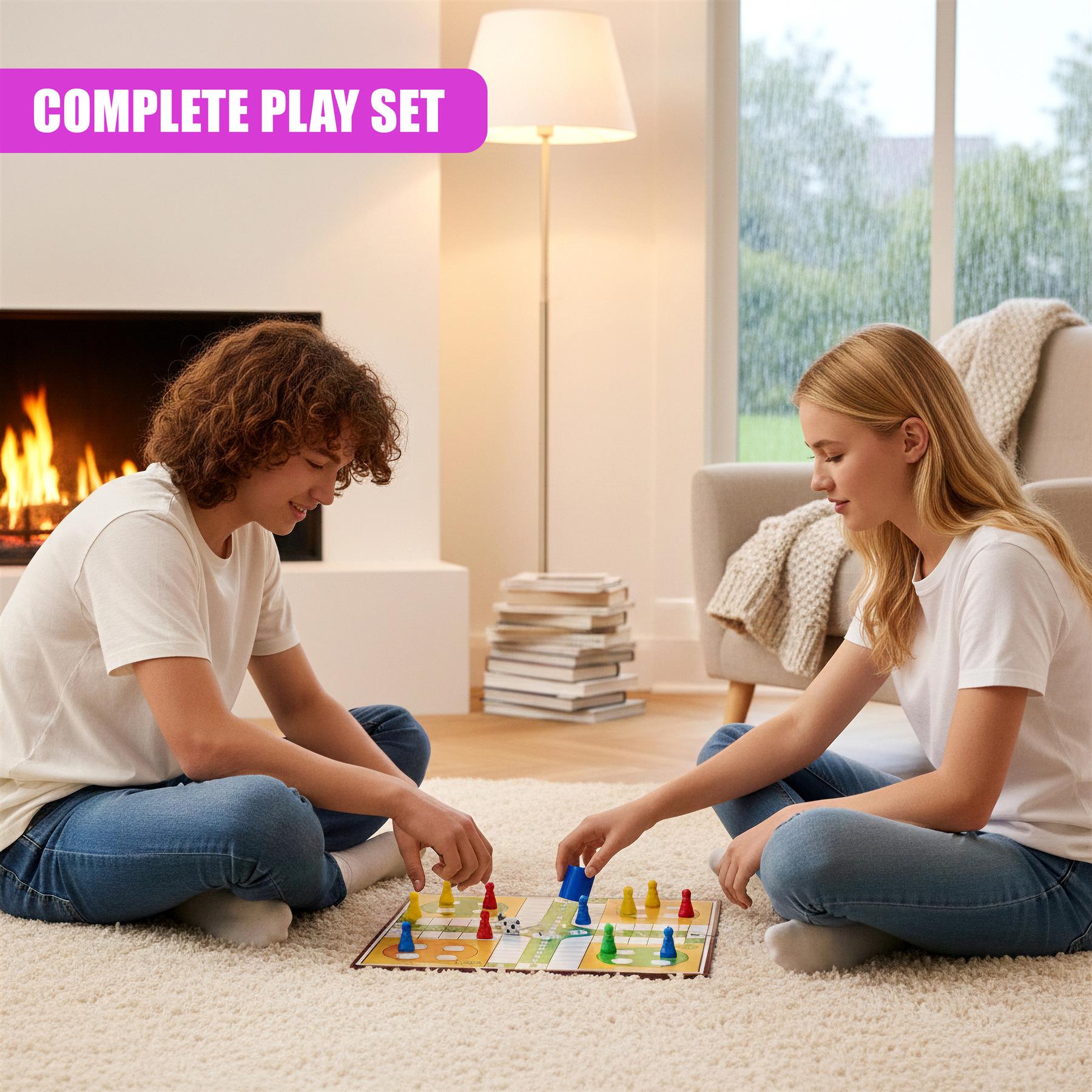 Two players sit on the floor next to a classic Ludo board game with tokens and dice.
