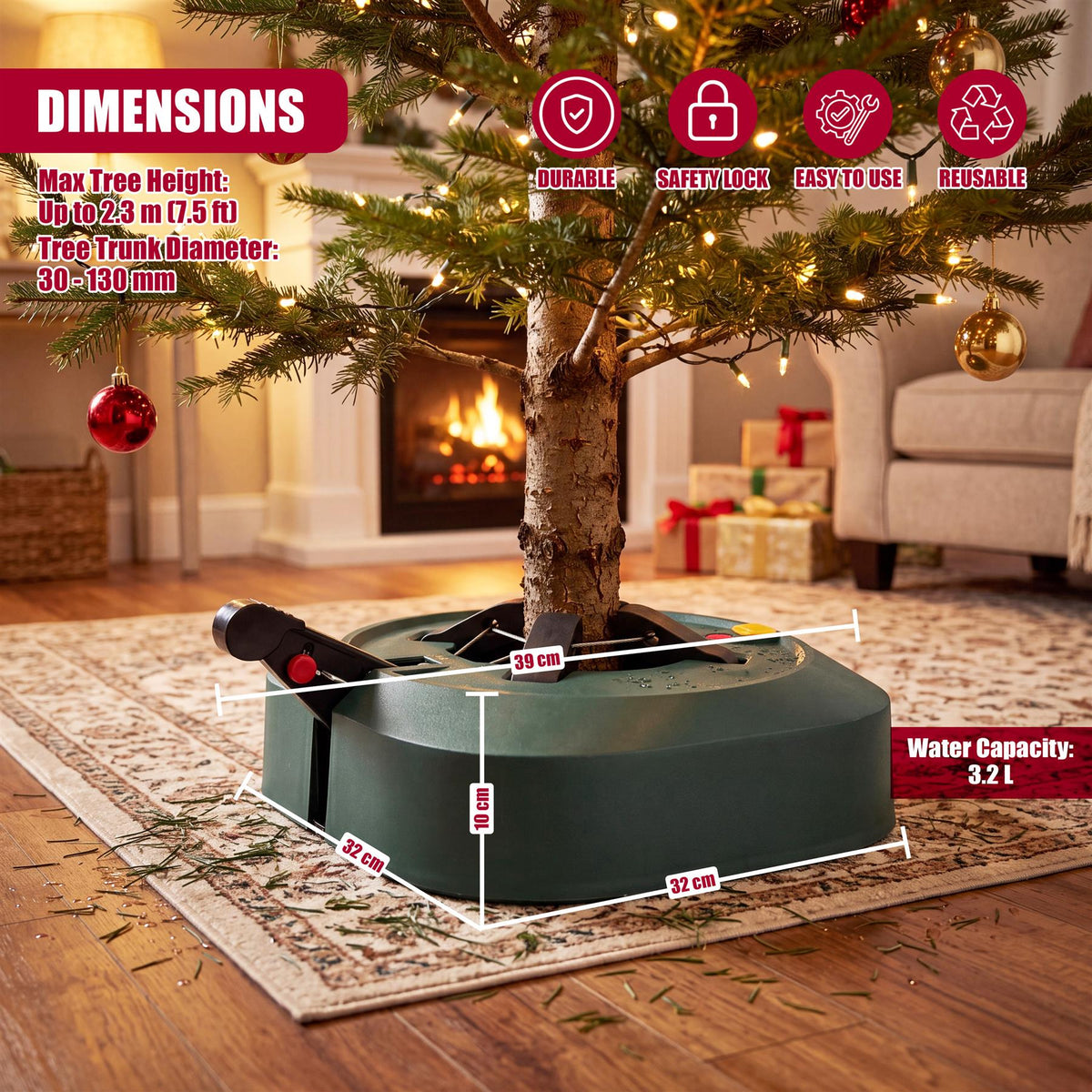 GEEZY Christmas tree stand with water reservoir, shown on a rug in a cosy living room setting