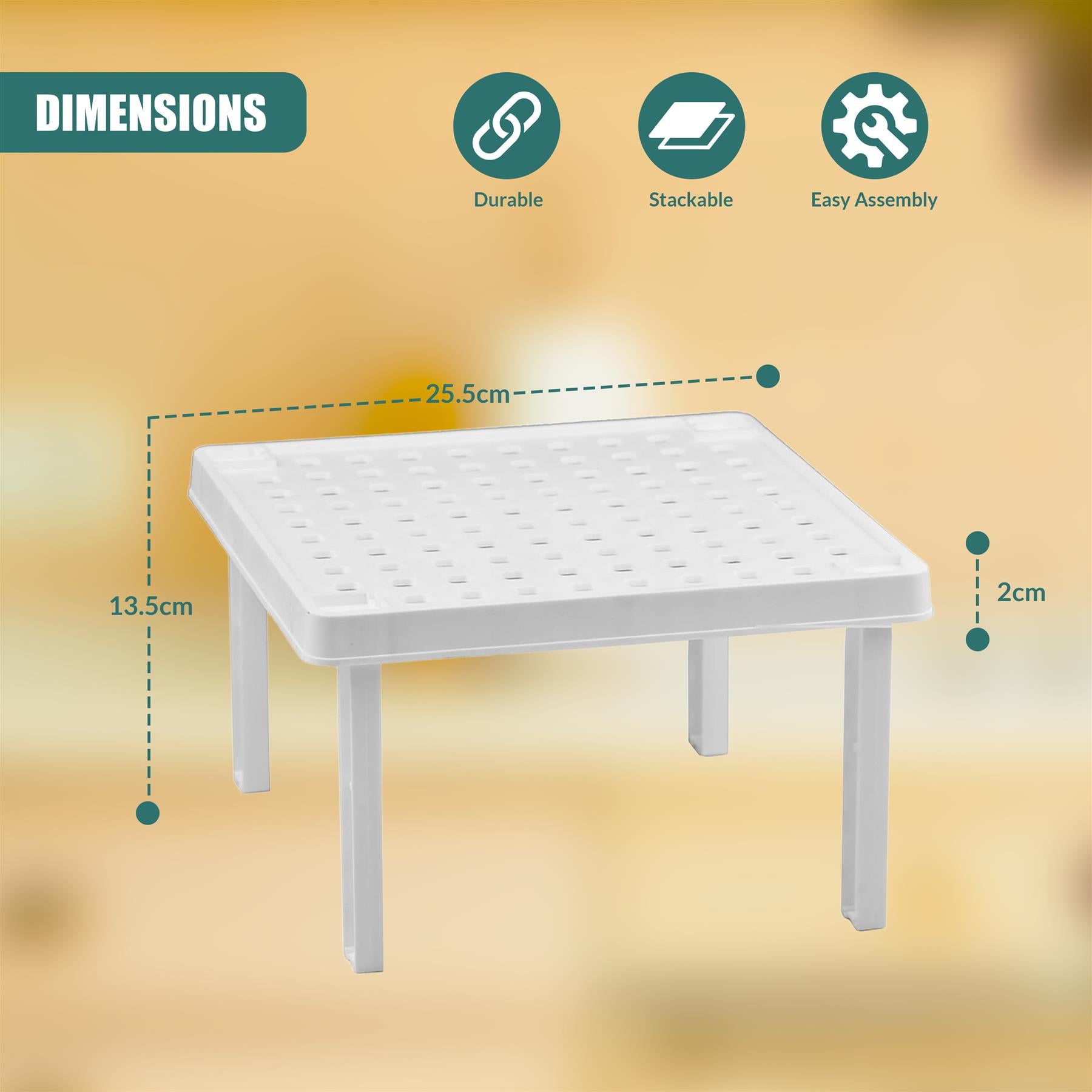 A compact, stackable table with a white, square-shaped top and four thin, white legs. The table has a small, square-shaped base and a flat, flat top with a grid of small, circular holes. - The Magic Toy Shop