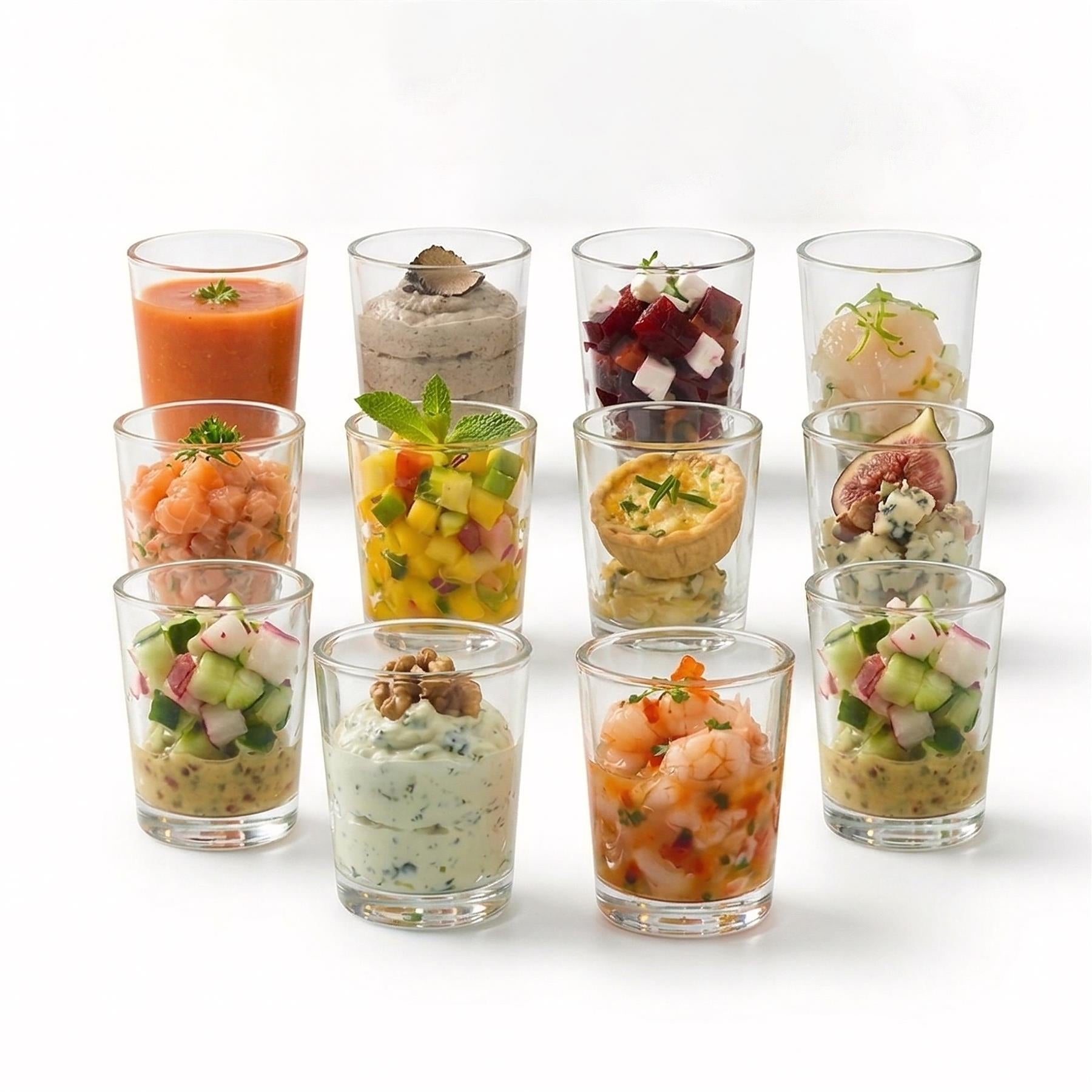 Twelve small clear glasses display diverse mini desserts with colorful layers and small toppings.