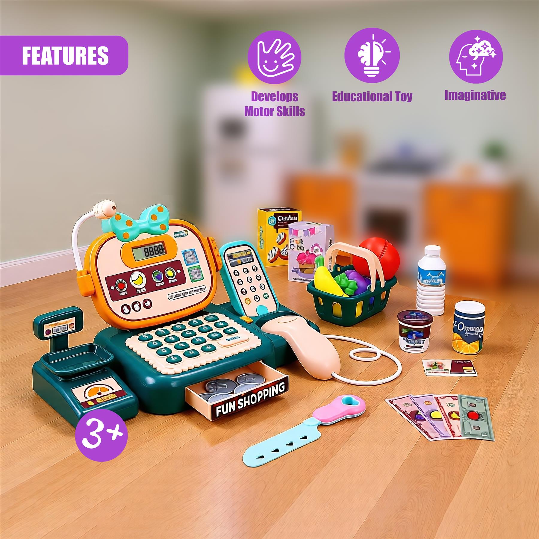 A playset featuring a toy cash register, a toy credit card reader, and various play money, toys, and food items. - The Magic Toy Shop