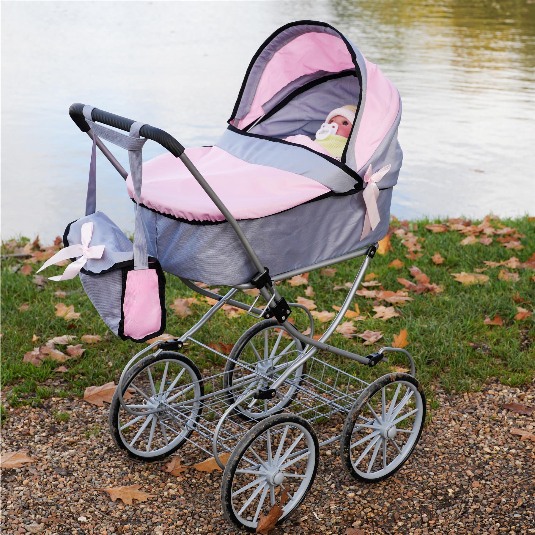 Pink and Grey Vintage Cambridge Doll Pram by BiBi Doll - The Magic Toy Shop