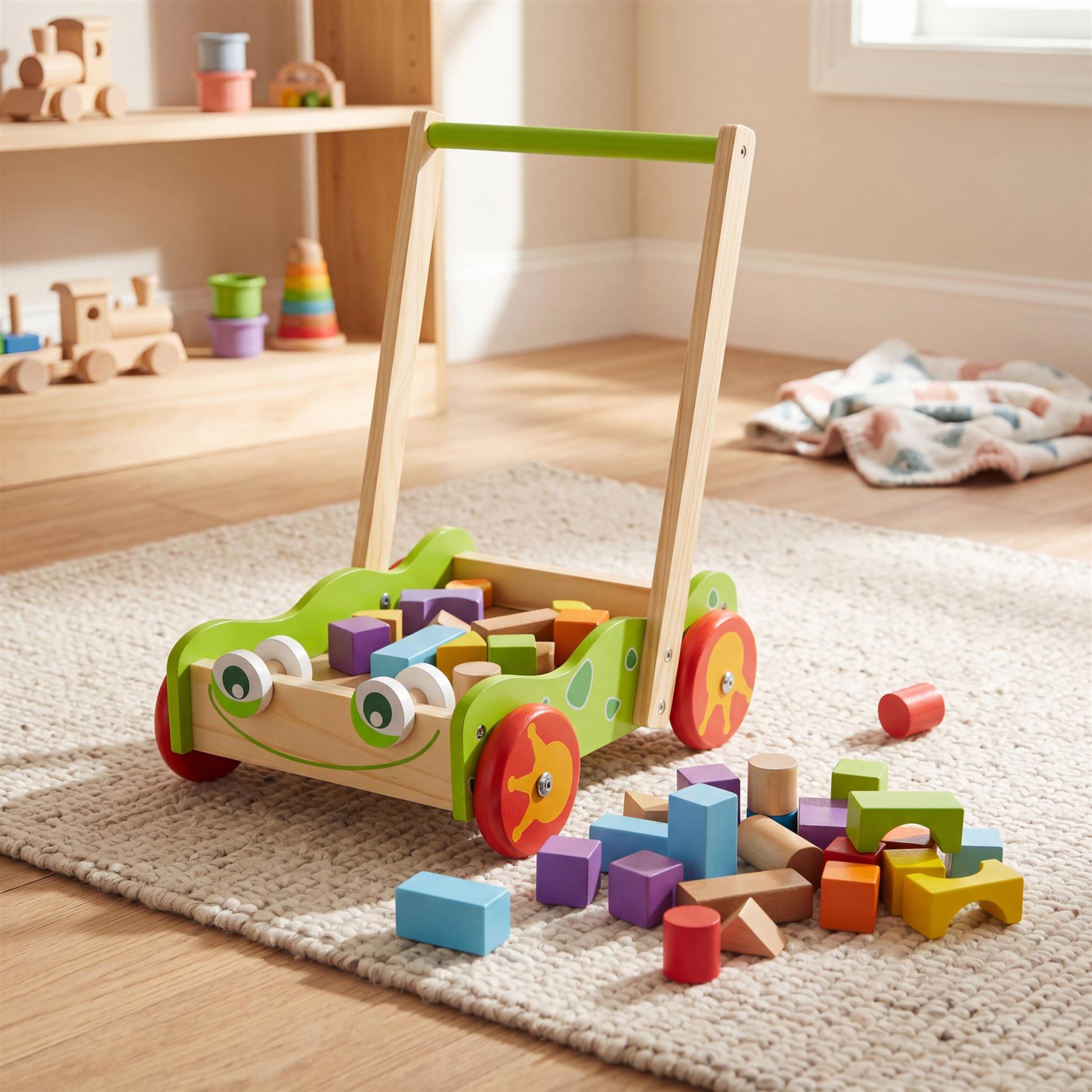 Green wooden walker and scattered multi-colored blocks rest on a textured light beige rug.