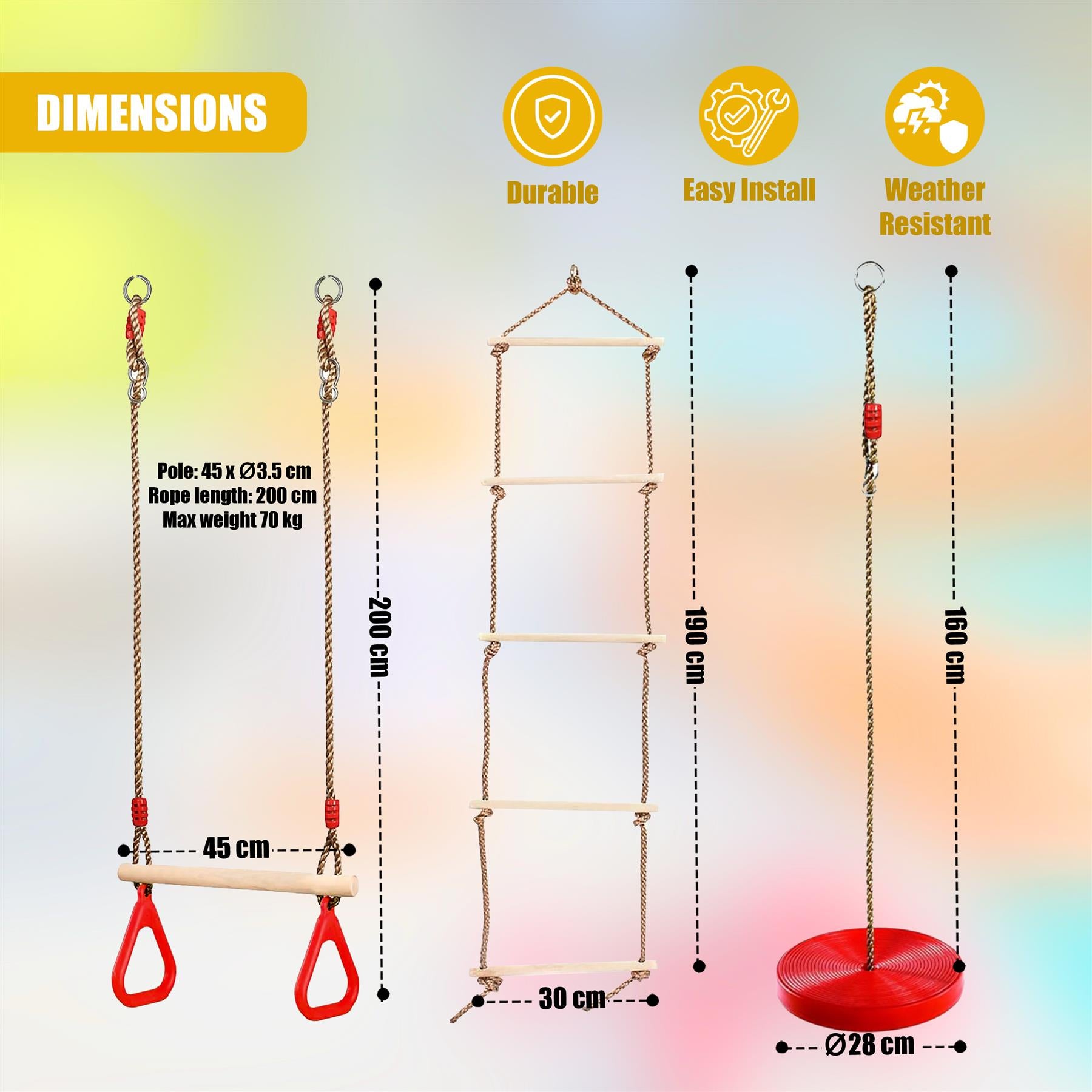 Wooden Trapeze Swing, Rope Ladder & Red Plate Seat by The Magic Toy Shop - The Magic Toy Shop