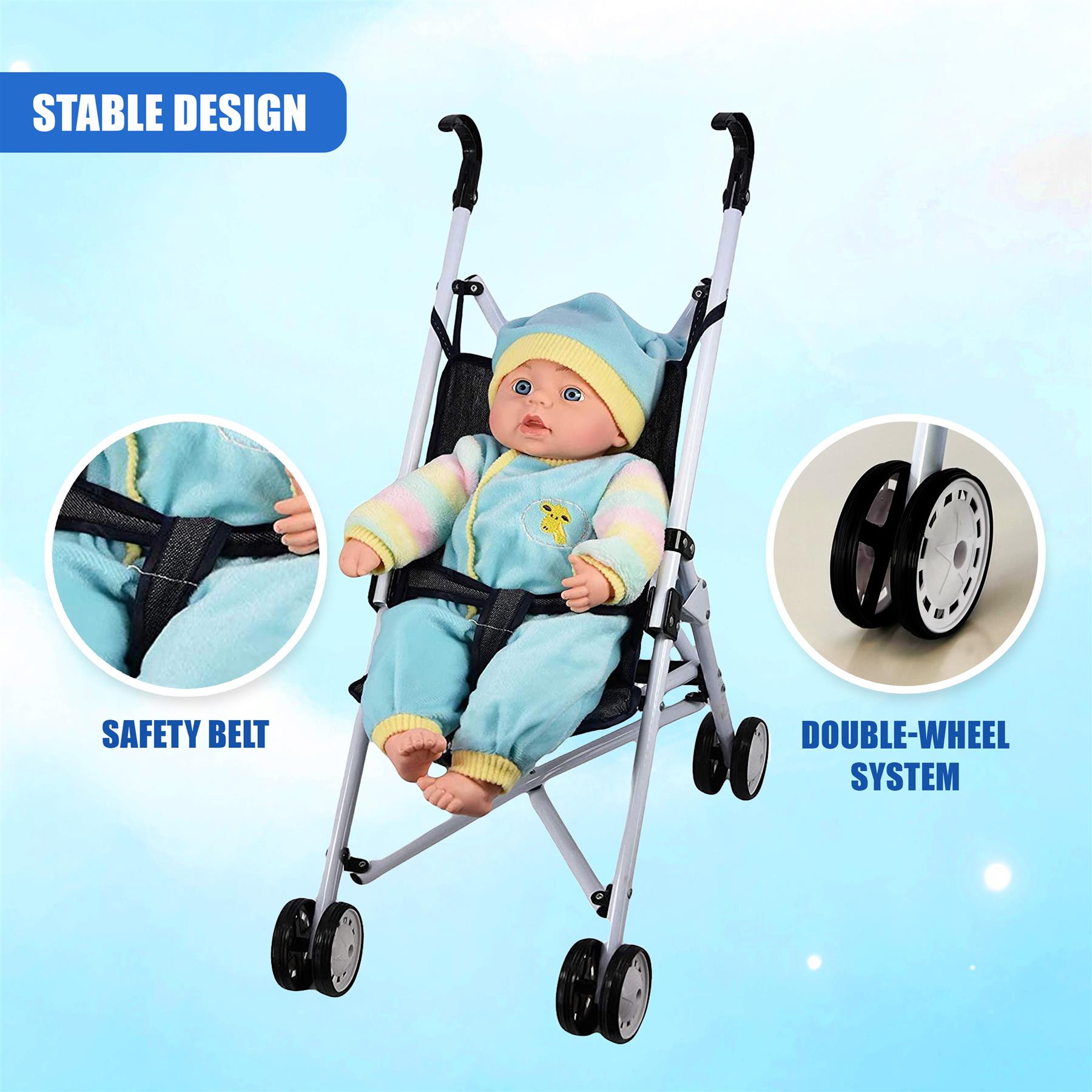 Black Baby Doll Foldable Stroller by BiBi Doll - The Magic Toy Shop