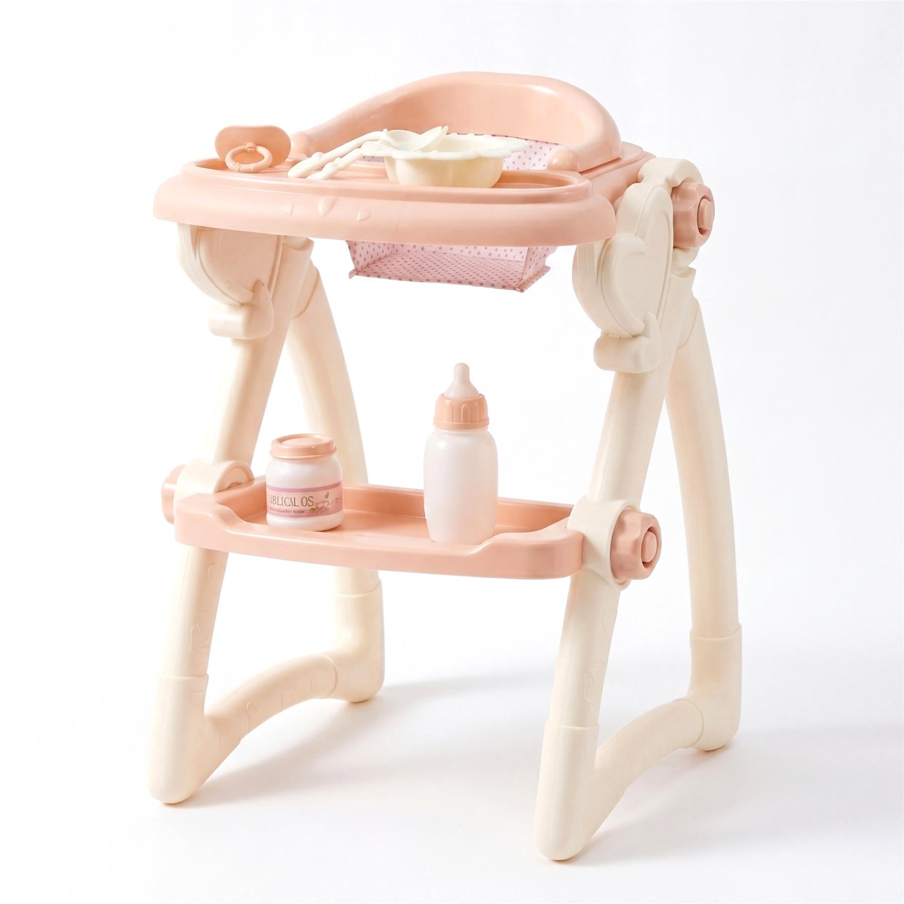 Dolls play high chair set includes a tray, bowl, bottle, and small baby accessories.