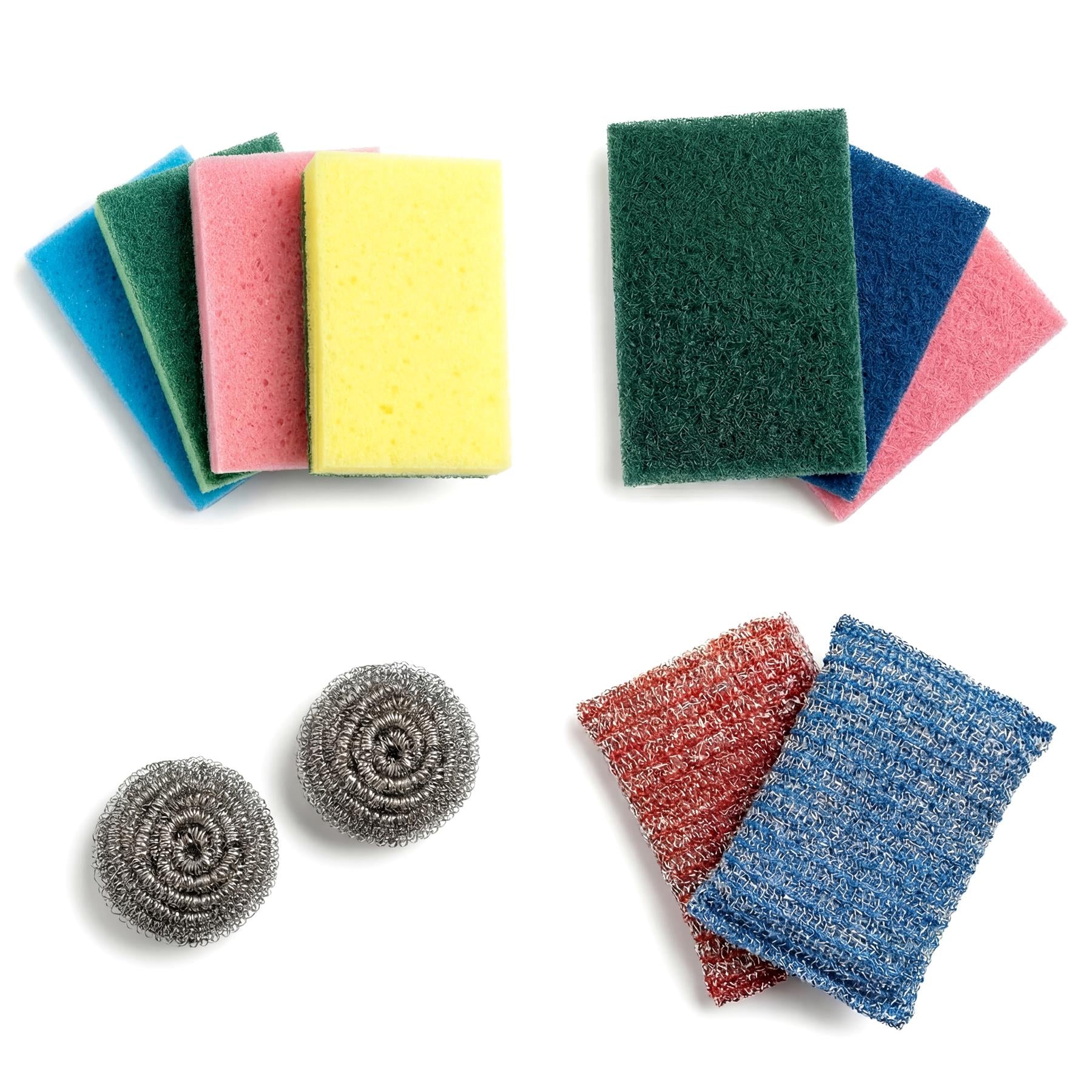 Set of cleaning tools including sponges, colored scour pads, round scourers, and mesh scrubbing cloths.