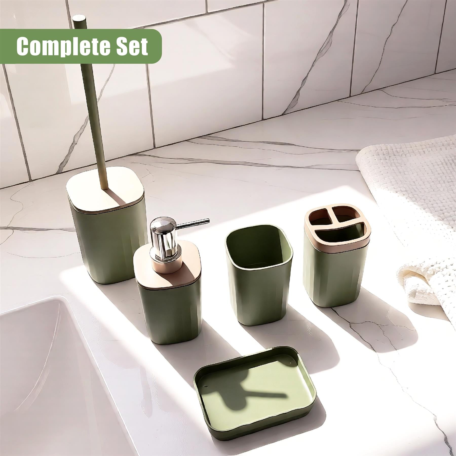 Five coordinated sage green bathroom accessories: a brush holder, tumblers, soap dish, and cup.