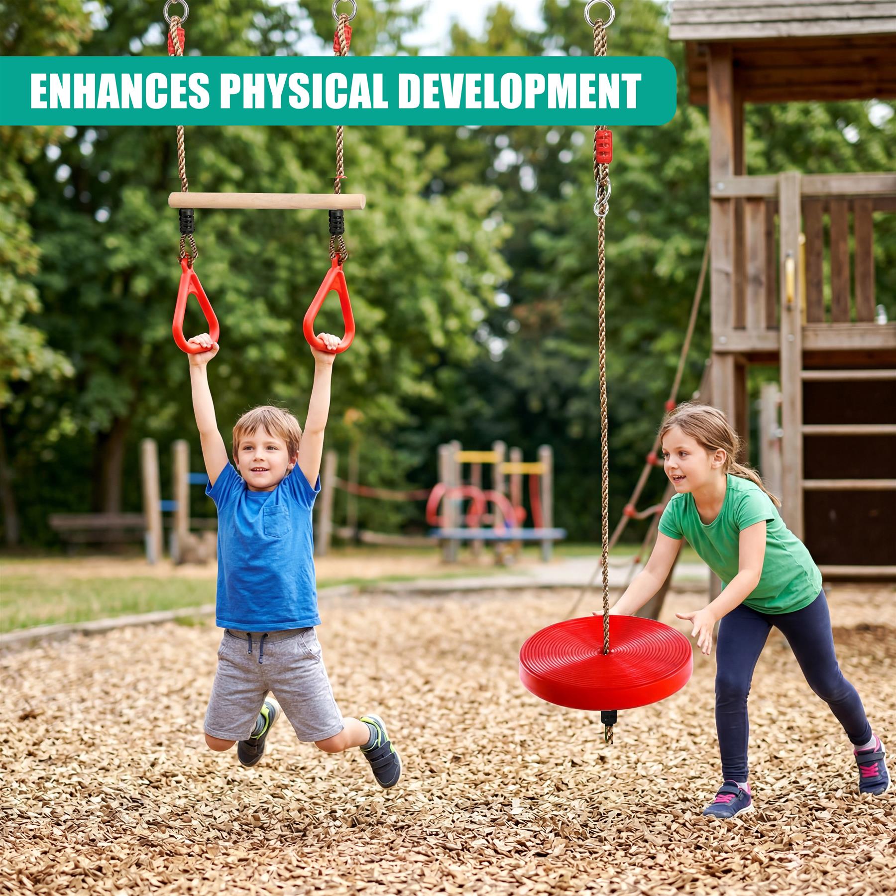 Two children play at a playground on a swing set and a red spinning seat.