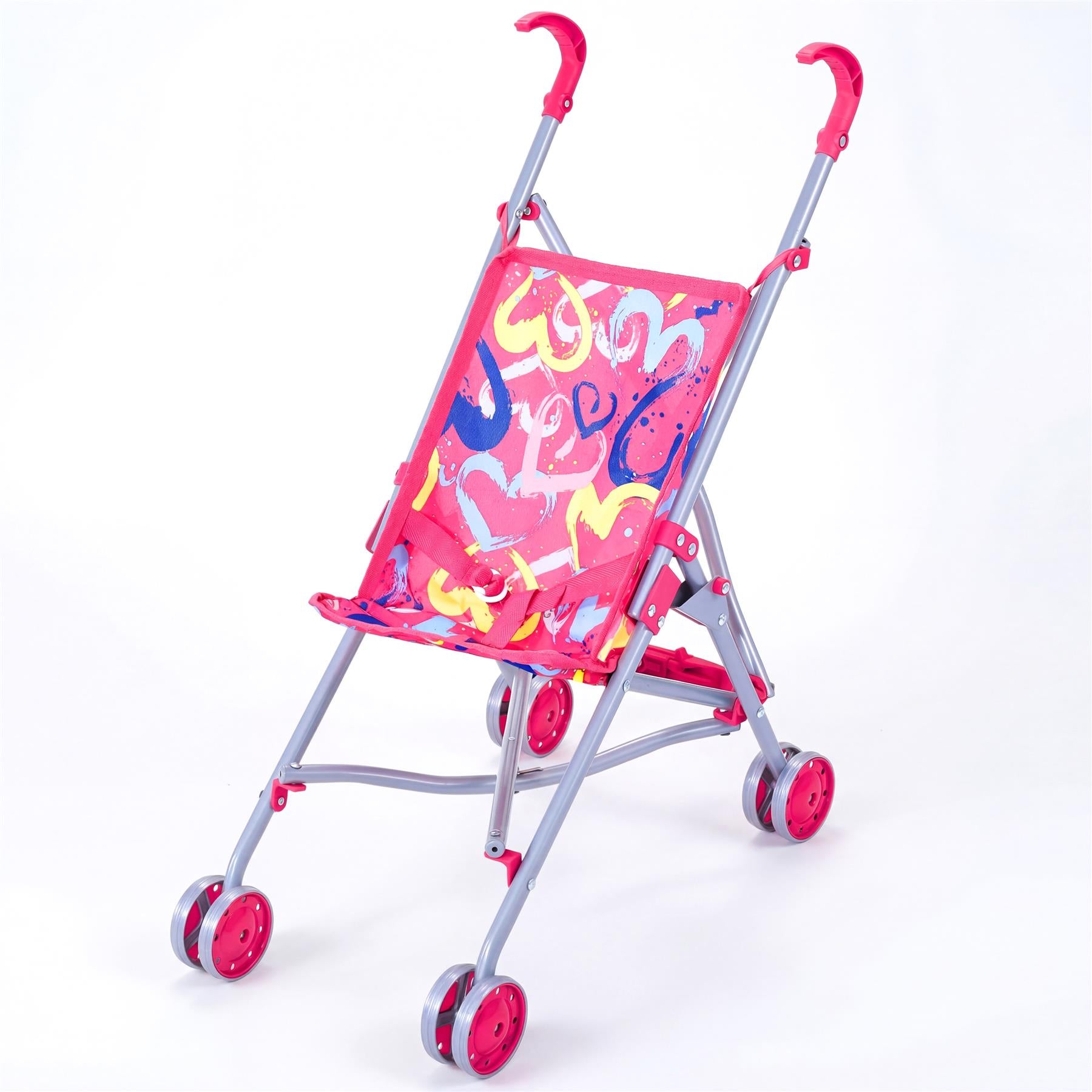 Pink and gray doll's buggy stroller featuring a patterned seat, four small wheels, and red handles.