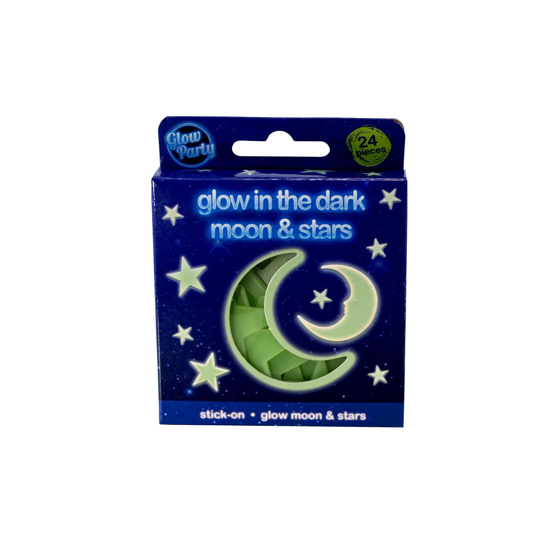 A box of glow-in-the-dark stick-on stars and a moon, with the title "Glow in the Dark Moon and Stars" and a pack of 24 pieces. The box has a blue and purple design, with a moon and stars on the front. The moon and stars are glow-in-the-dark, and the box has a flip-top lid. - The Magic Toy Shop