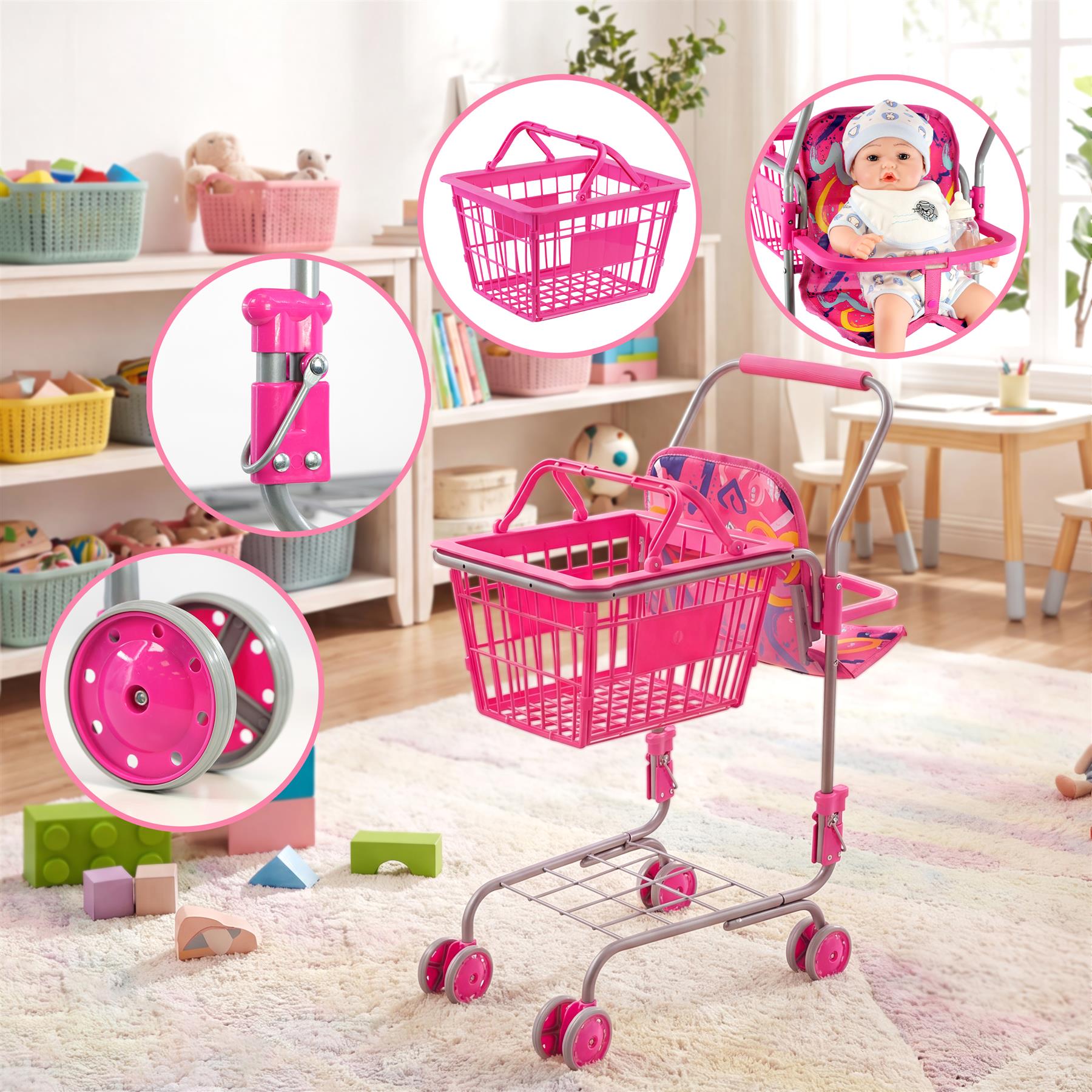 Kids Shopping Trolley with Basket & Doll Seat