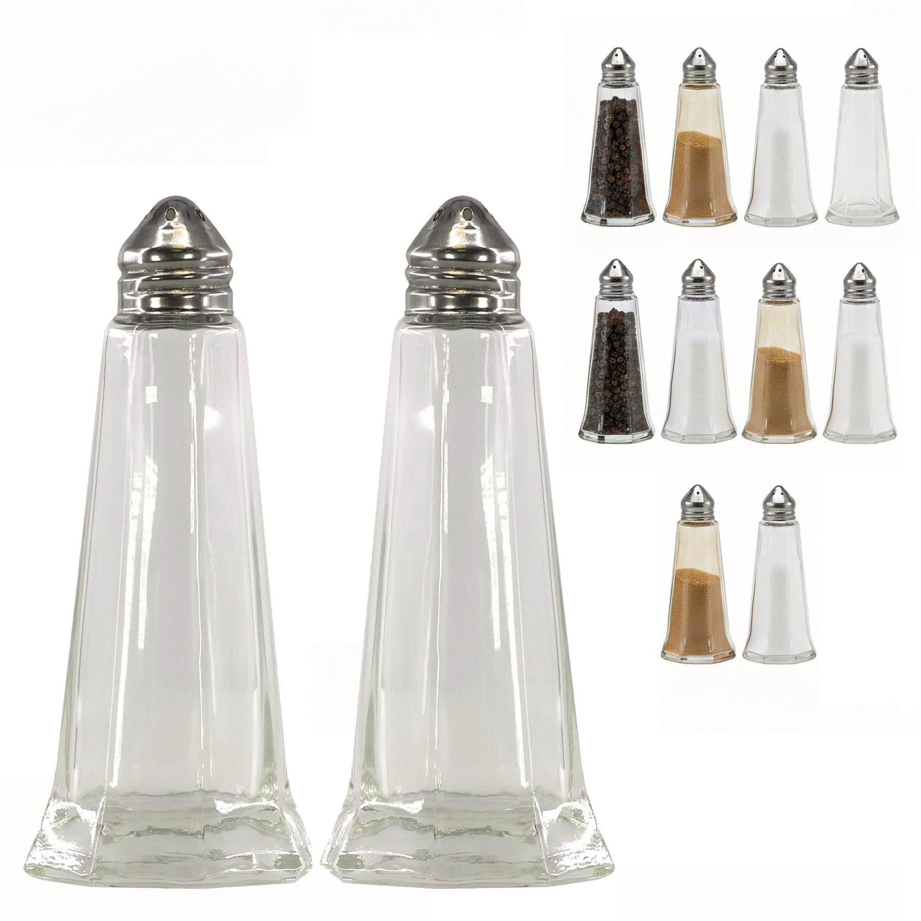 Set of twelve glass shakers featuring two large shakers and ten smaller, conical seasonings.