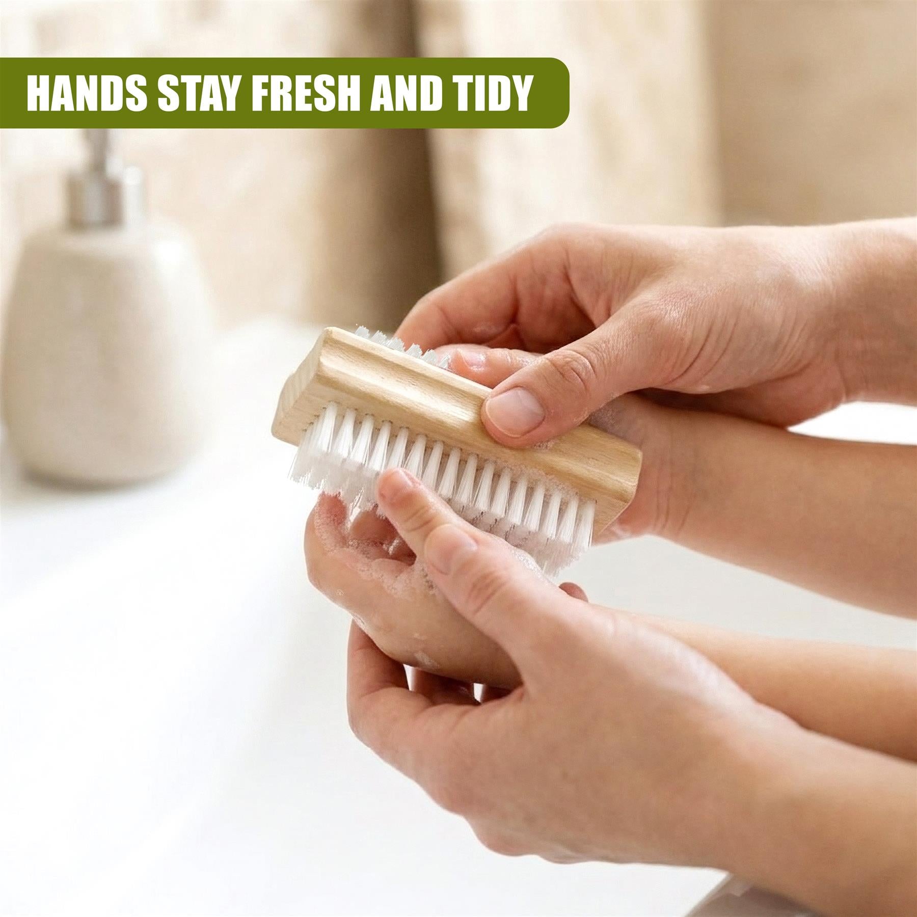 Wooden brush with bristles is held in hands for scrubbing the fingernails.