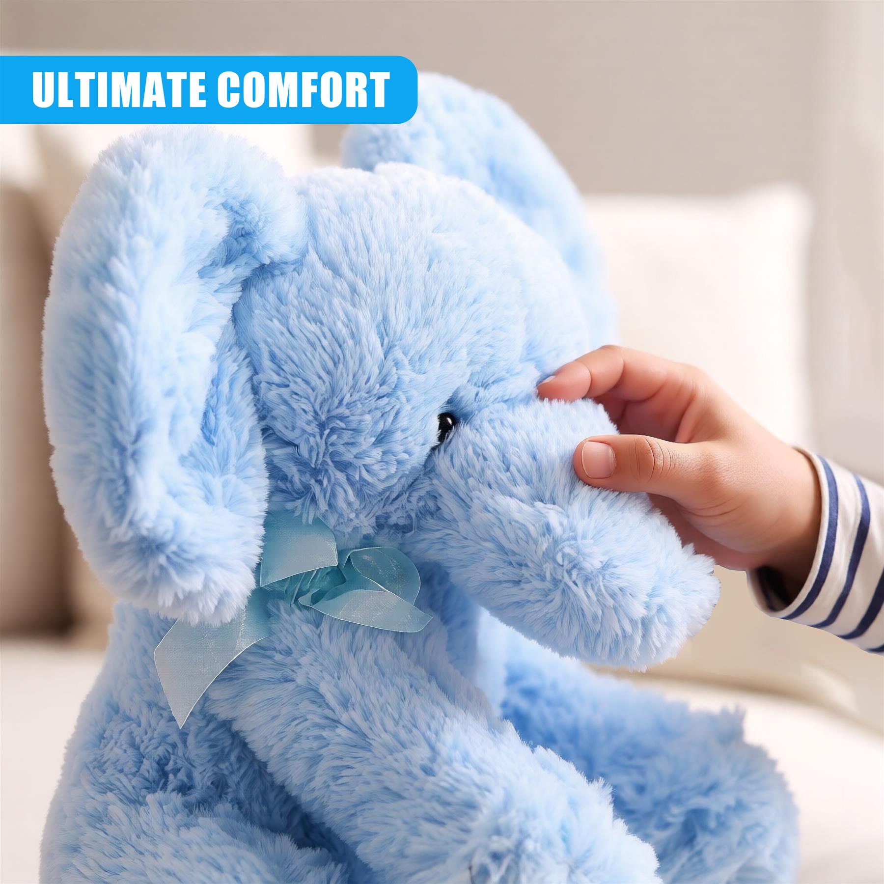 A soft, cuddly, and adorable plush toy in the shape of a blue rabbit, with a cute face and floppy ears, suitable for snuggling and play. - The Magic Toy Shop
