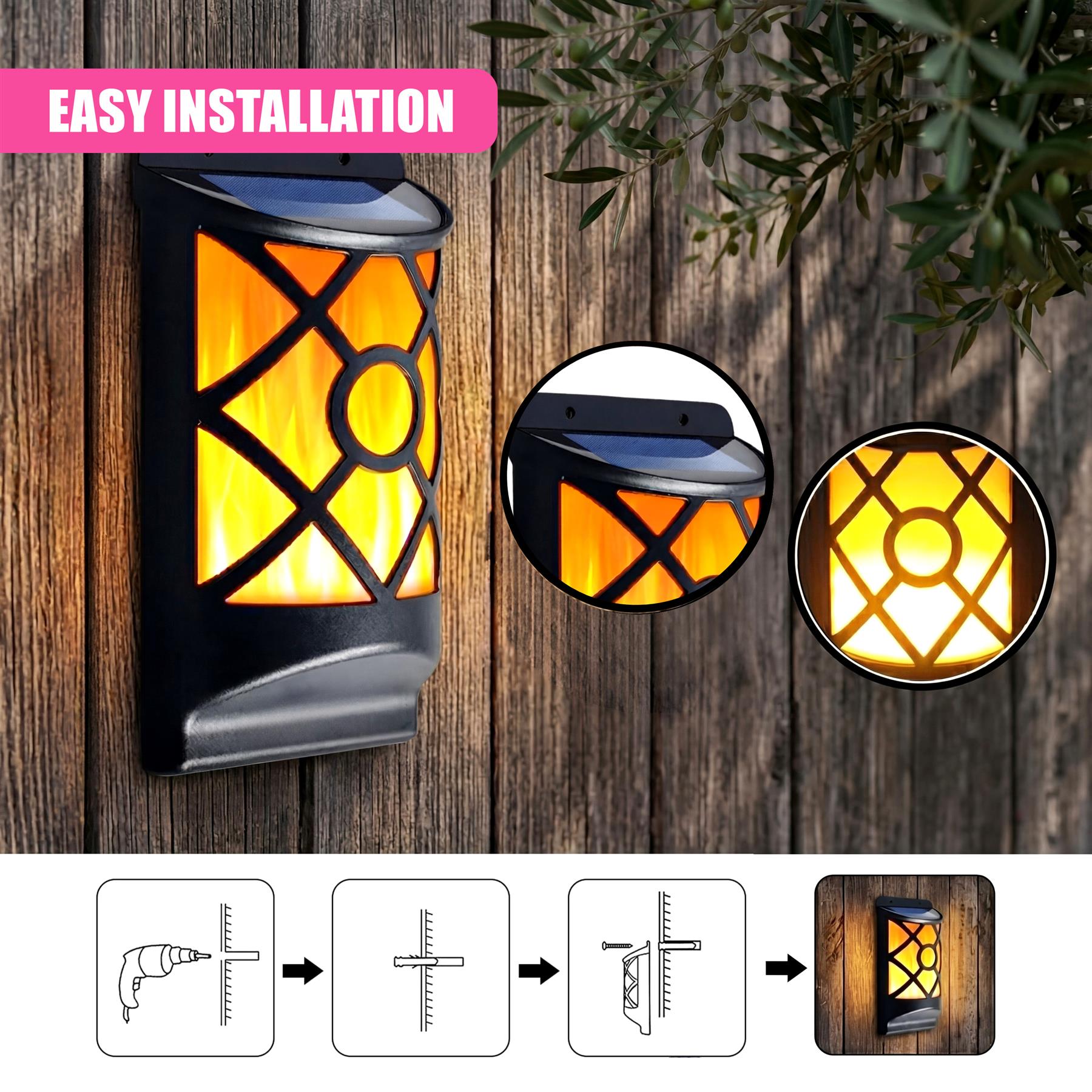 Wall-mounted LED light fixtures in multiple sizes, depicted with installation hardware and setup diagrams.
