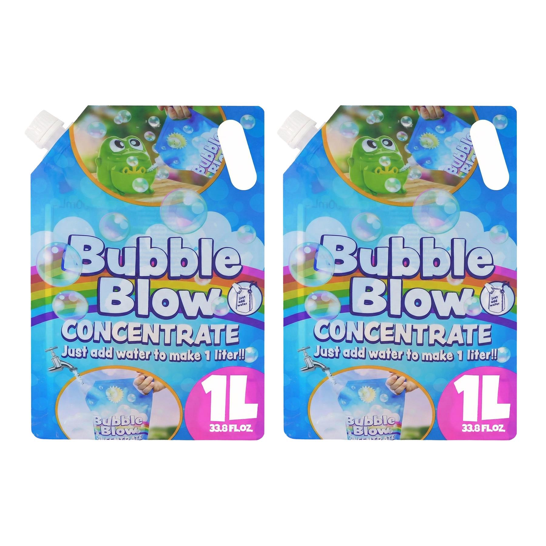 Two panels of concentrated bubble solution refill, showing instructions to make one liter.