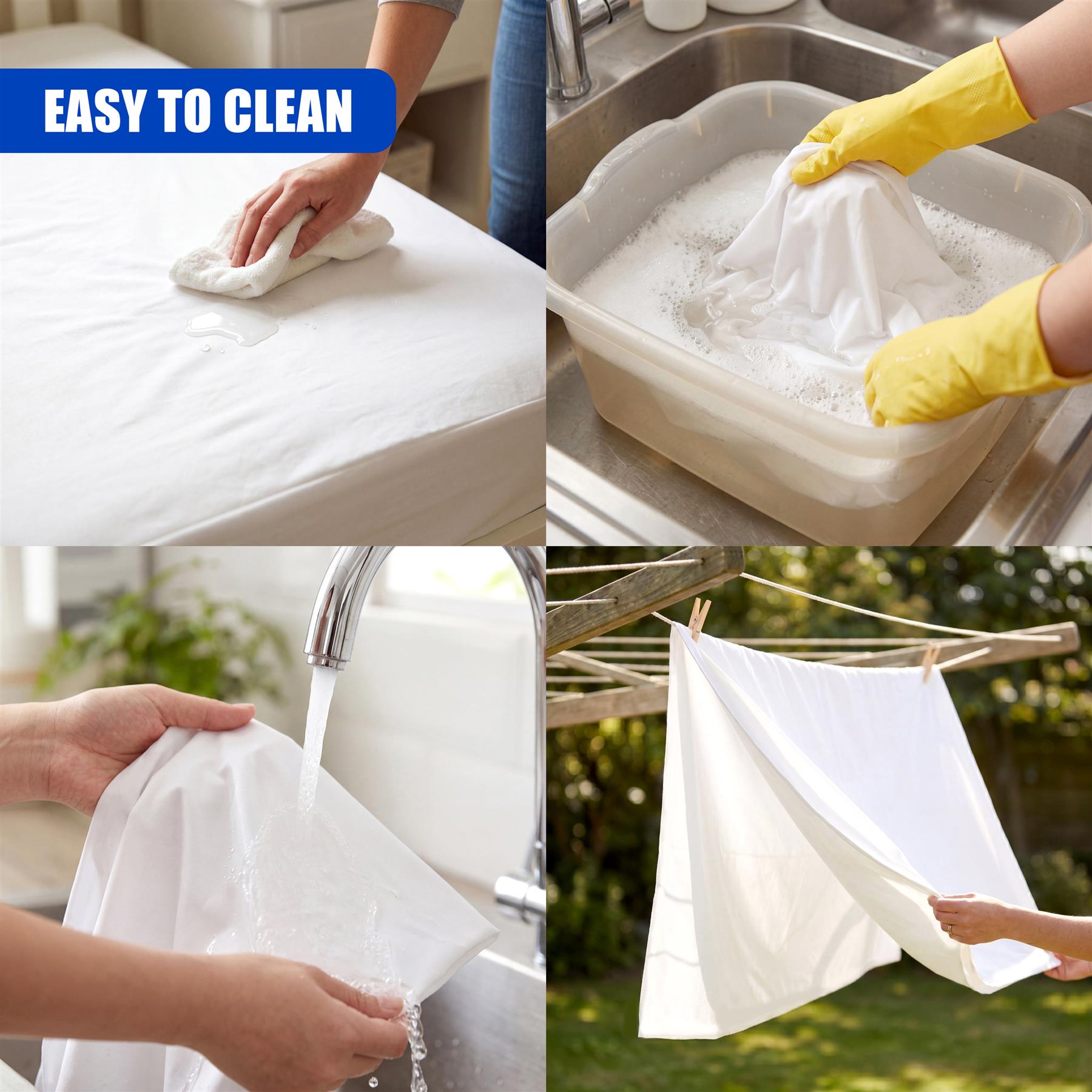 A hand cleans a white mattress surface using a cleaning cloth.
Yellow-gloved hands wash a white fabric item in a deep kitchen sink.
White bedding fabric is rinsed under running water from a kitchen faucet.
A white waterproof cover hangs outdoors between wooden beams.