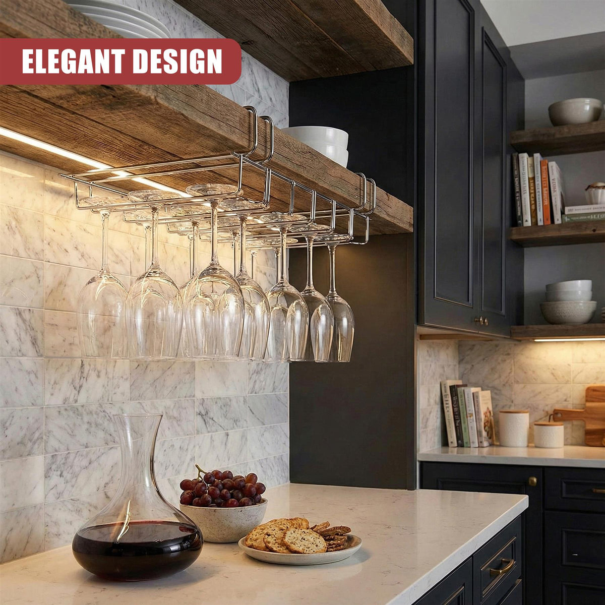 GEEZY Under Shelf Wine Glass Rack holds up to 12 glasses on a stainless steel shelf unit