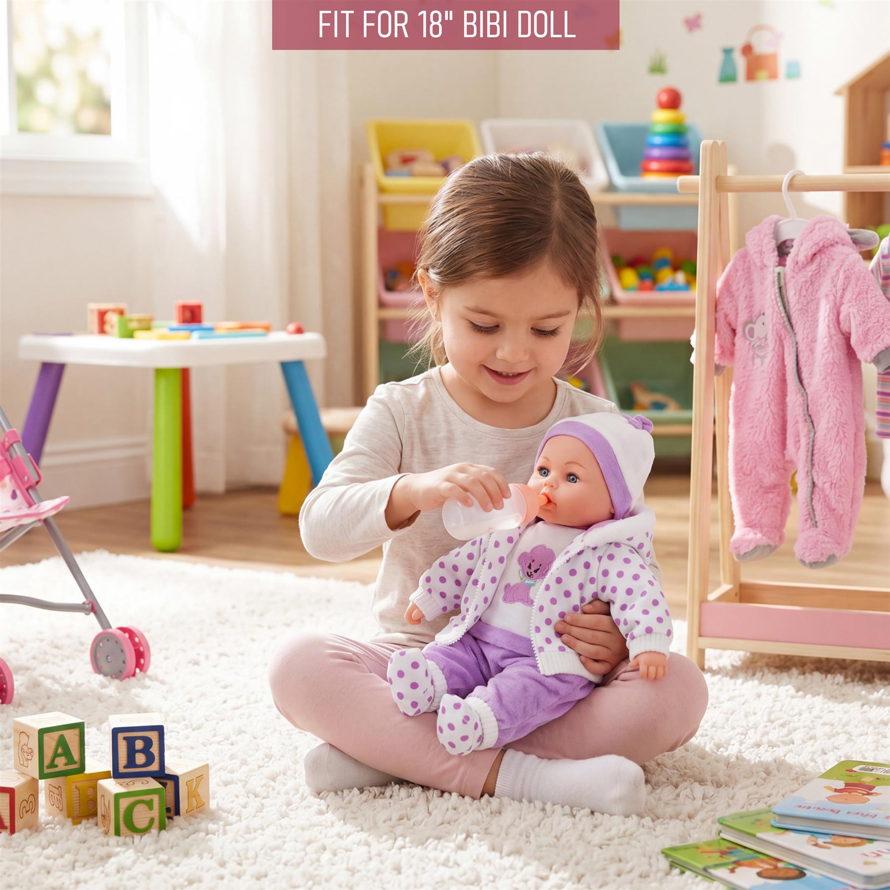 Doll wearing a purple and white outfit, held by a girl in a brightly lit indoor play area.