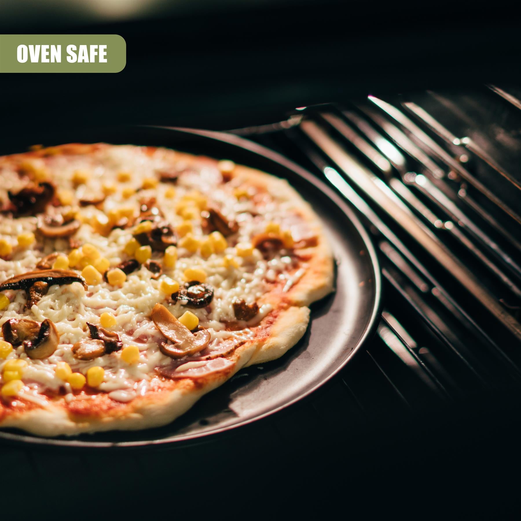 A set of four non-stick pizza baking trays ready to be used in the oven. - The Magic Toy Shop