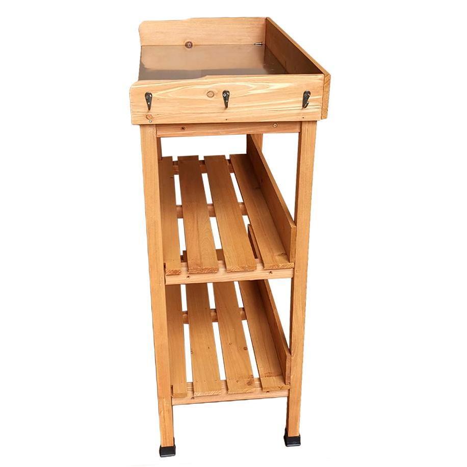 A wooden plant stand with multiple shelves and a tray on top, made of natural wood with a rustic finish. - The Magic Toy Shop