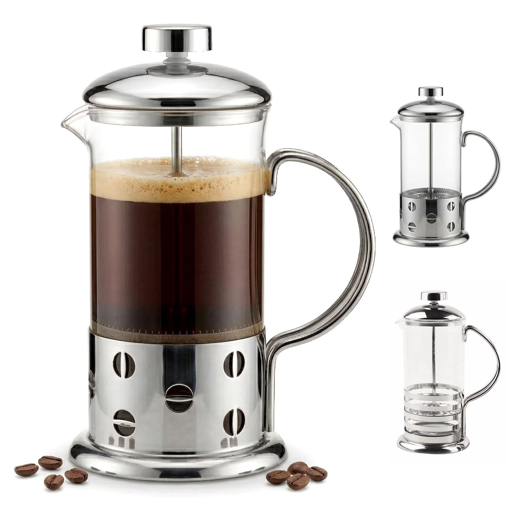 Three stainless steel coffee carafes and drippers with visible roasted coffee beans.