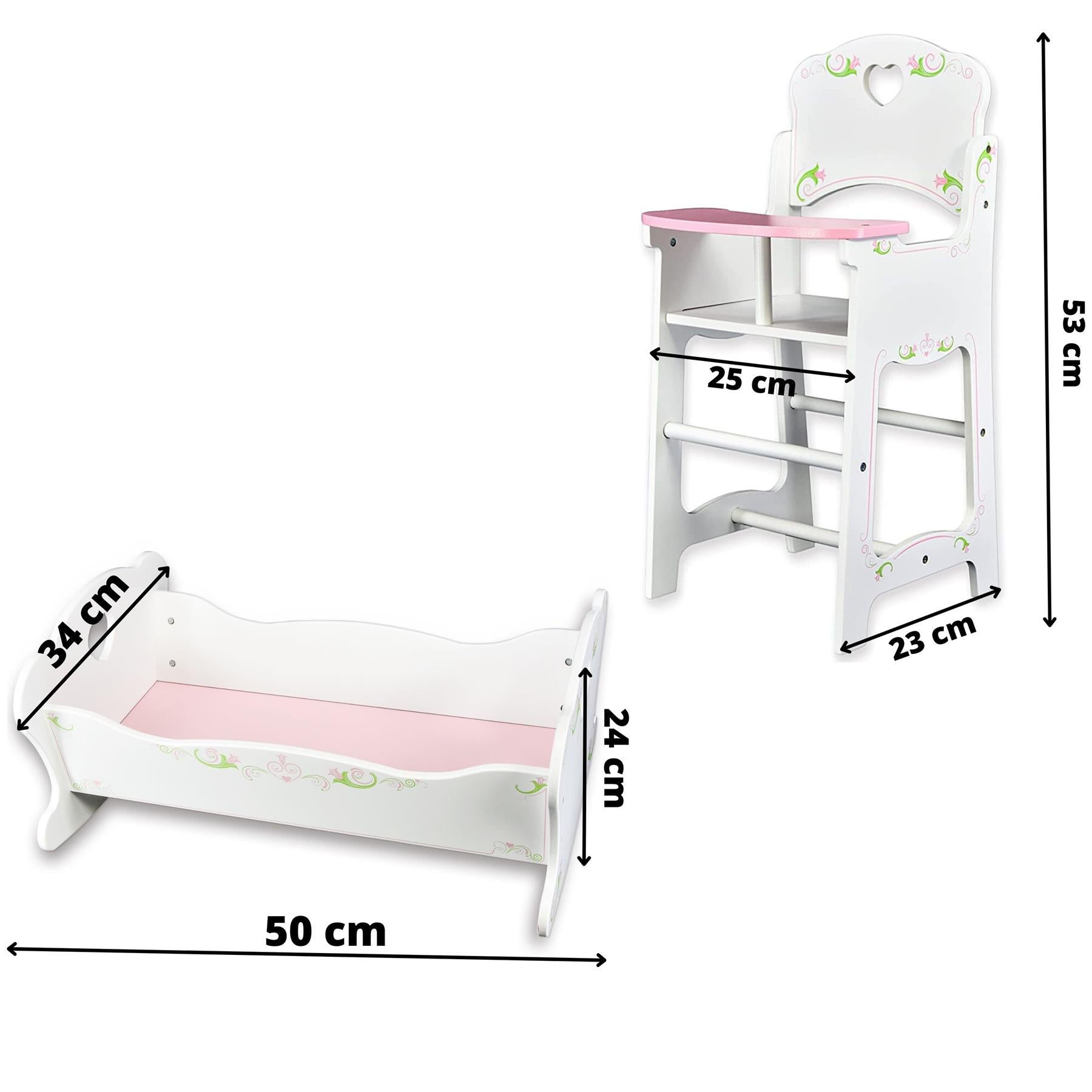 A set of wooden high chair and cradle with floral design, measuring 50cm in height and 60cm in width for the high chair, and 80cm in length and 40cm in width for the cradle. - The Magic Toy Shop